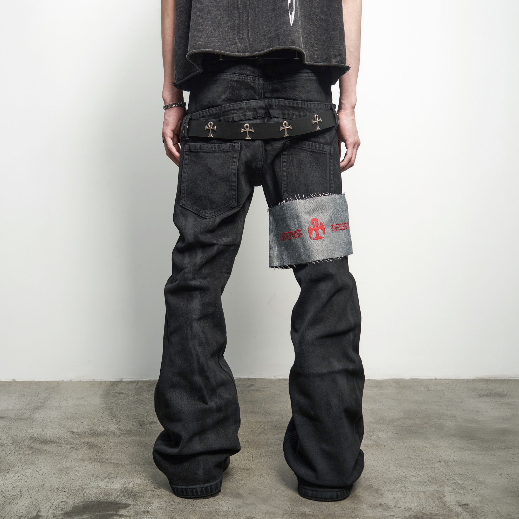 ANTI WAR REVIVAL Panelled Waxed Distressed Embroidered Double-Waistband Jeans
