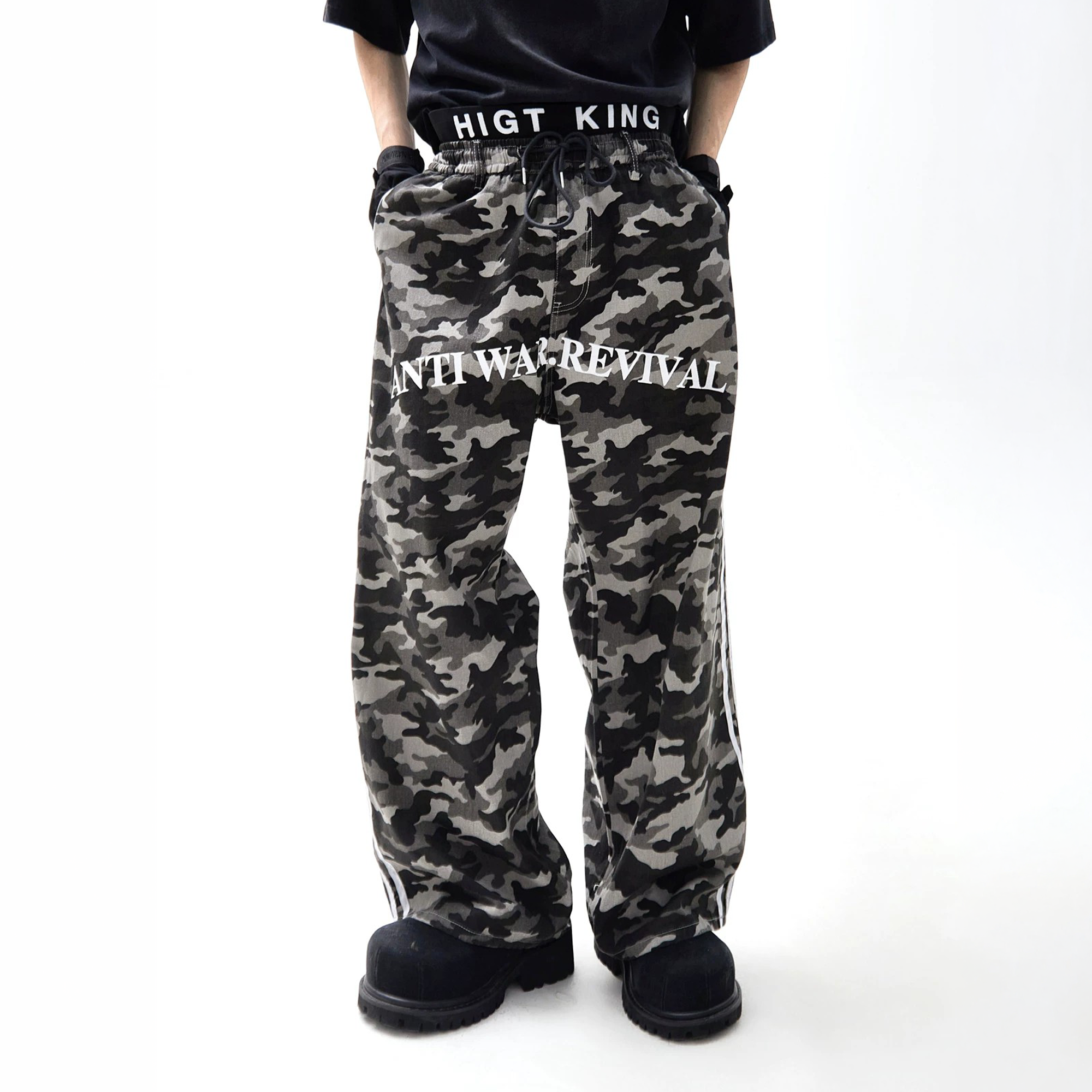 ANTI WAR REVIVAL Camo Spliced Embroidered Badge Wide-Leg Pants