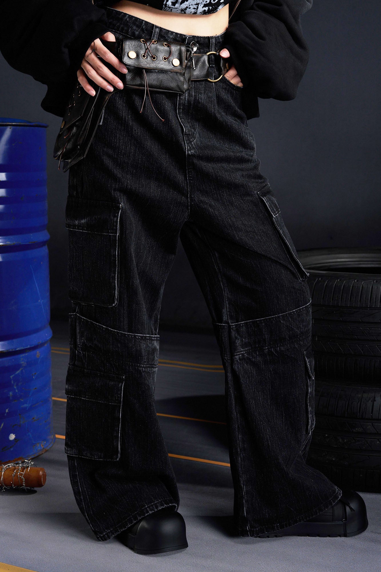 RECOVER ZONE Multi-Pocket Wide-Leg Utility Jeans, premium urban and streetwear designers apparel on PROJECTISR.com, RECOVER ZONE