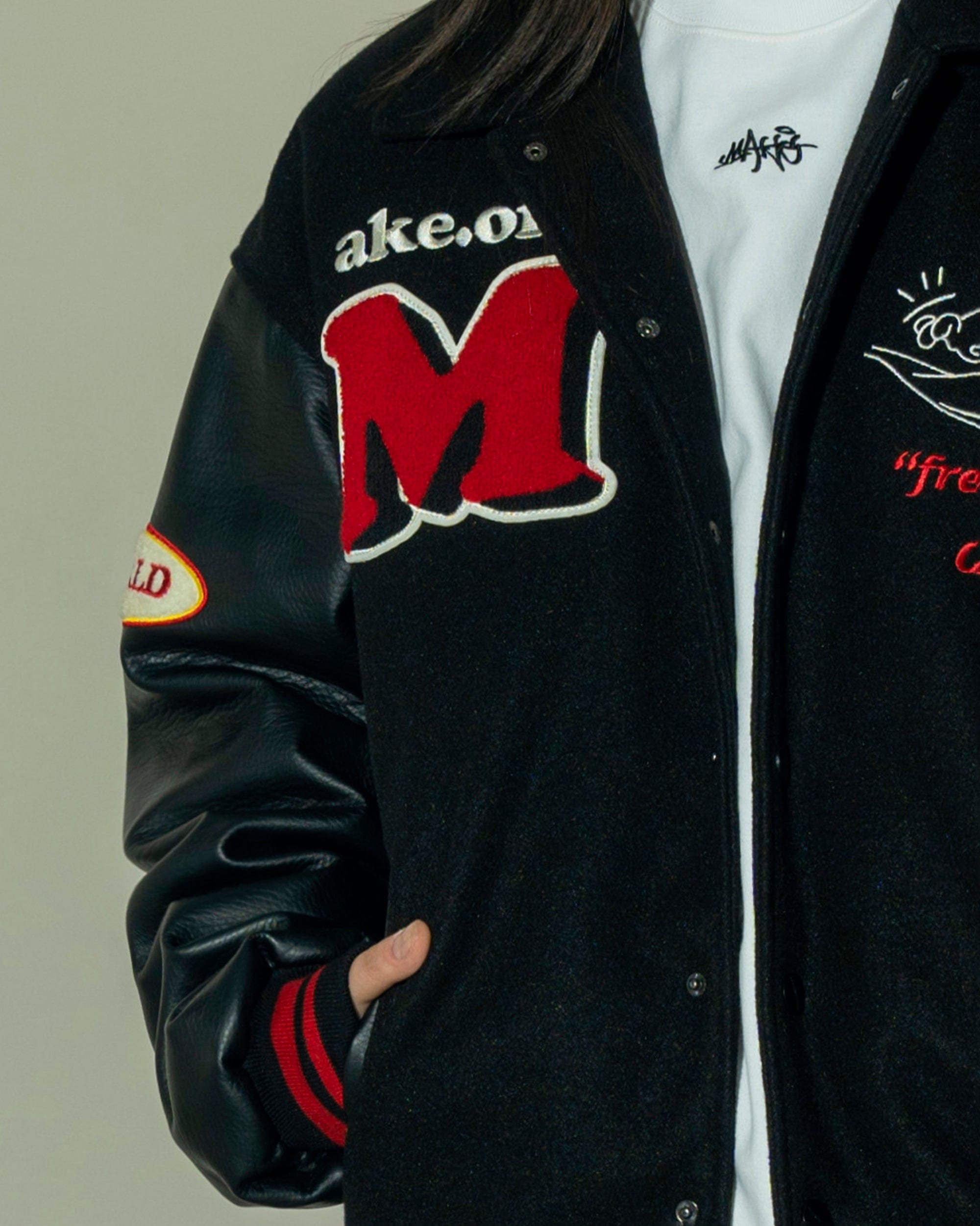 MAKEMORE Demon Patchwork Cotton-padded Baseball Jacket, premium urban and streetwear designers apparel on PROJECTISR.com, MAKEMORE