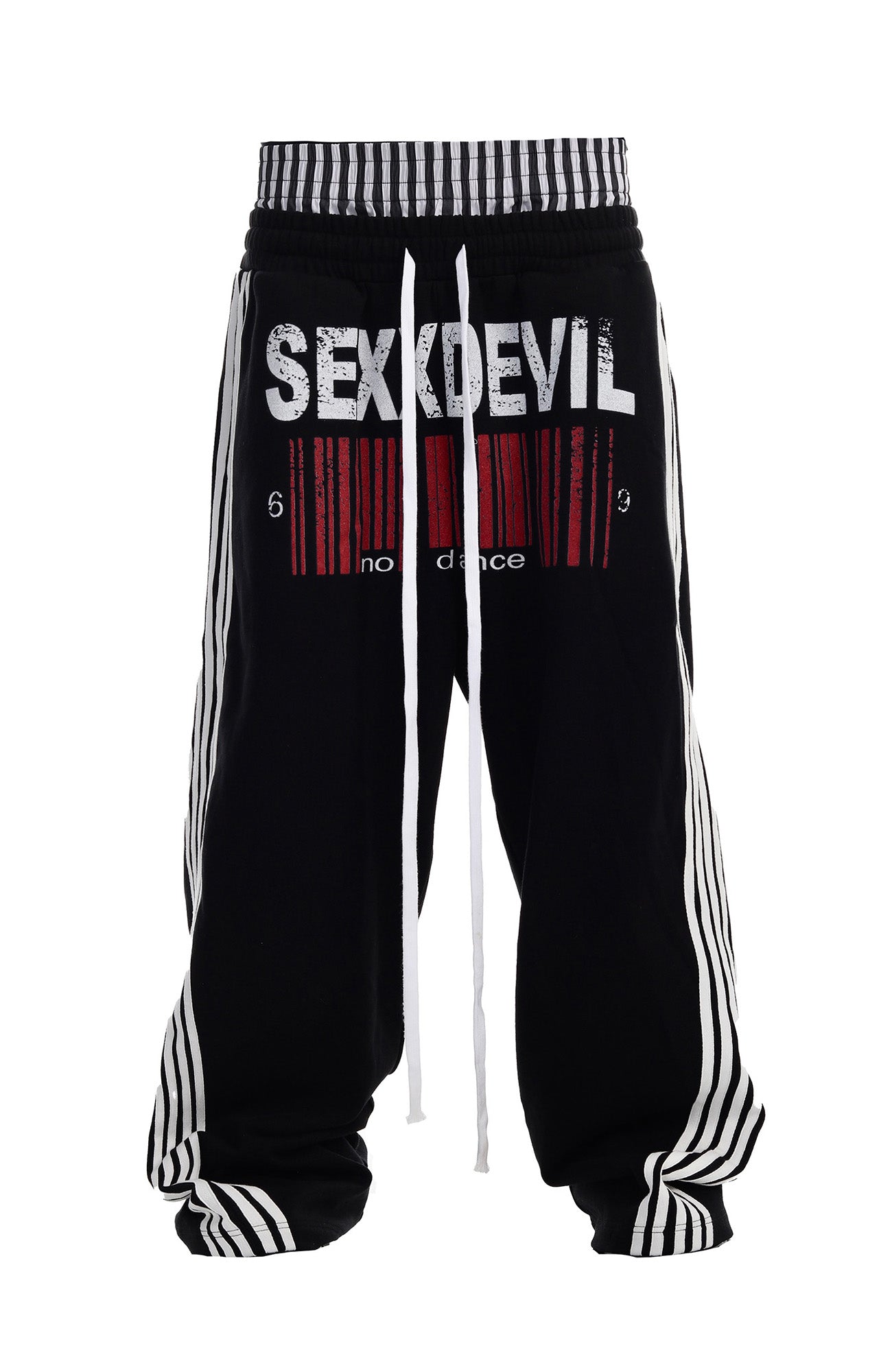 SEXXDEVIL Striped Embroidered Paint-Splattered Sweatpants
