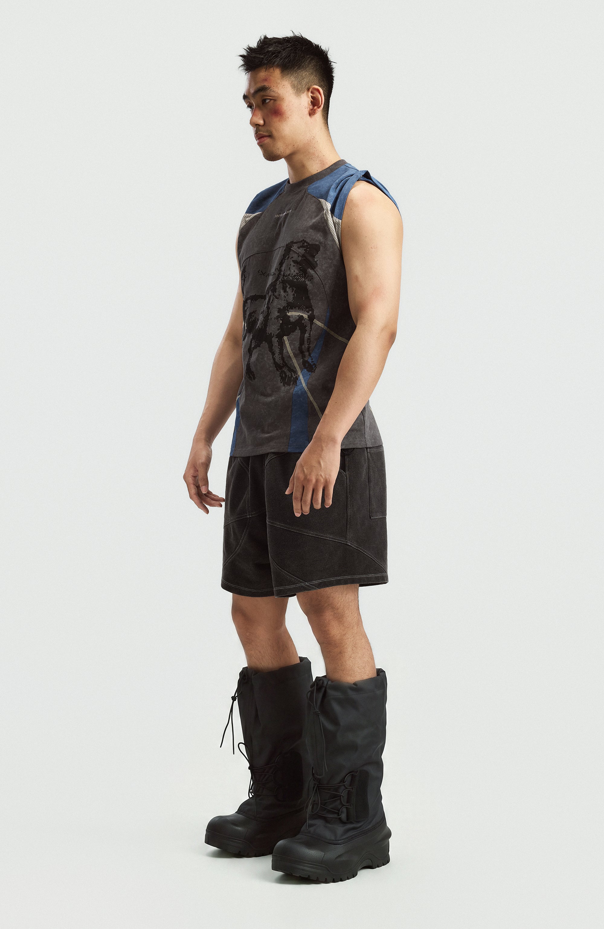 INTERRUPT Studded Mesh-Spliced Graphic Tank Top