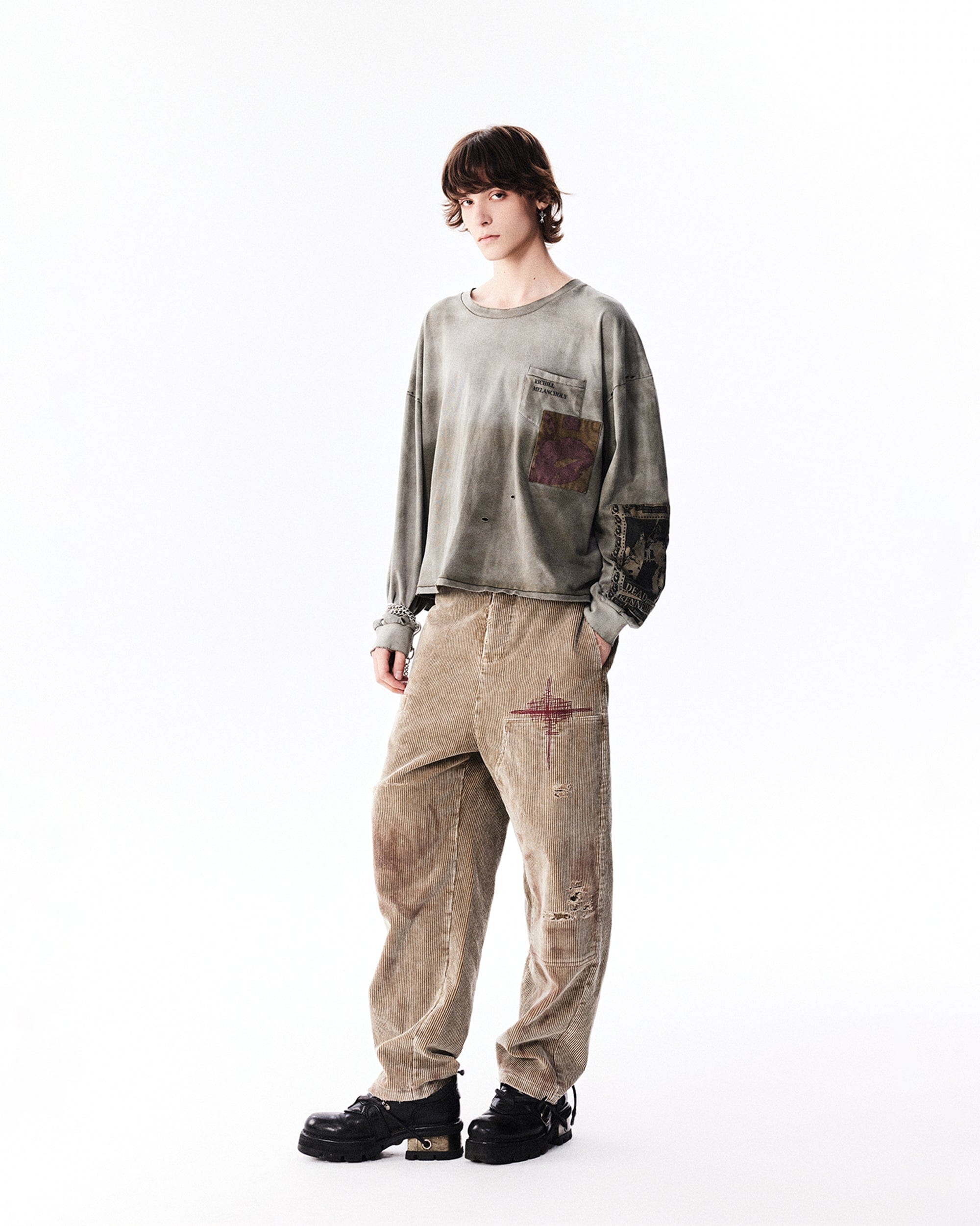 RICHILL Patchwork Ripped Washed Long-Sleeve Tee