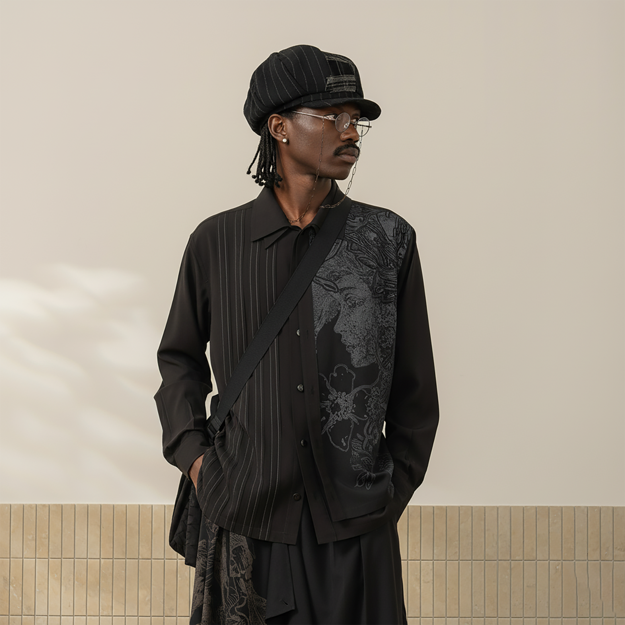 MOITIEDEPETALE Graphic Double-Layered Striped Shirt