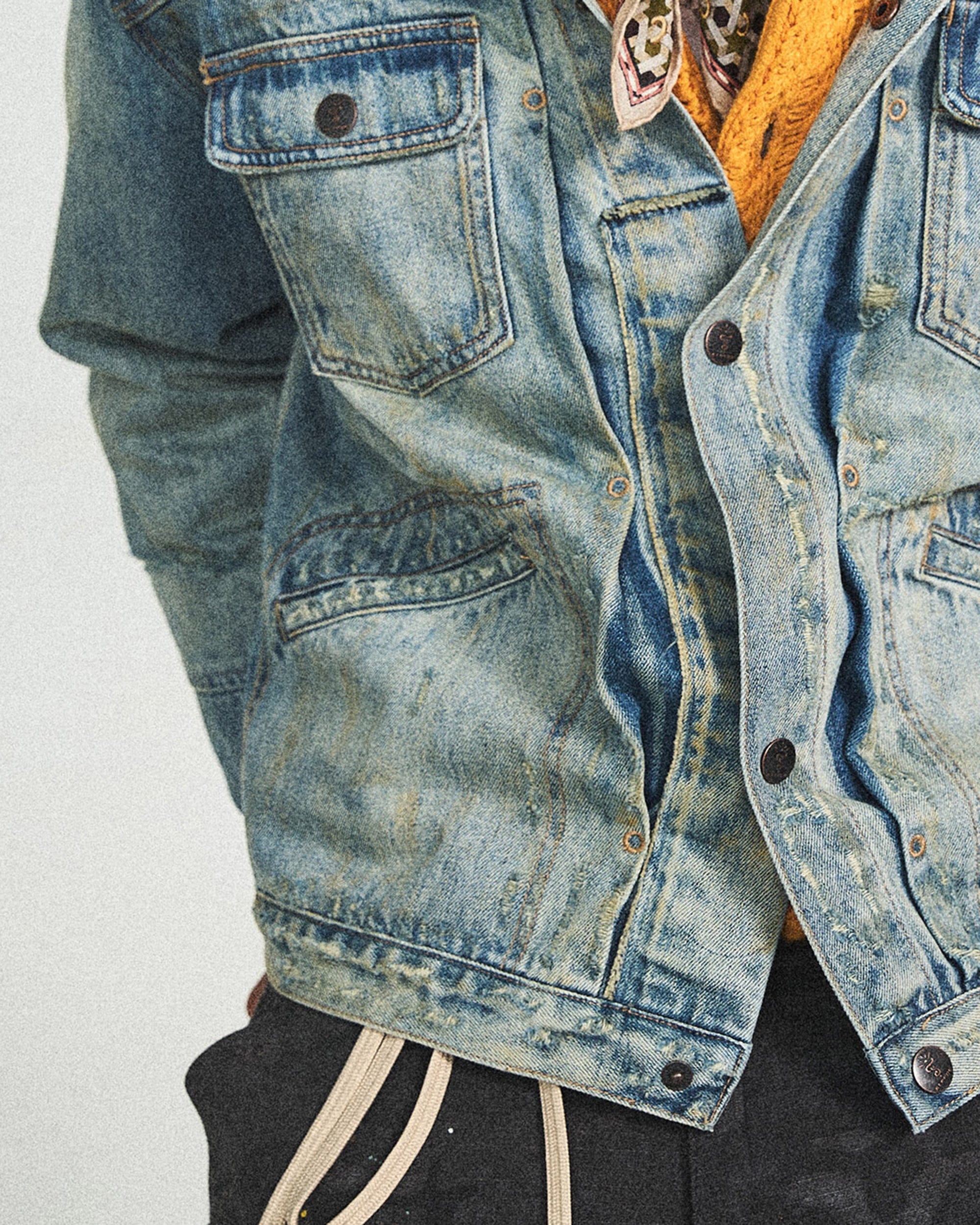 STEEPC Washed Multi Pockets Distressed Denim Jacket