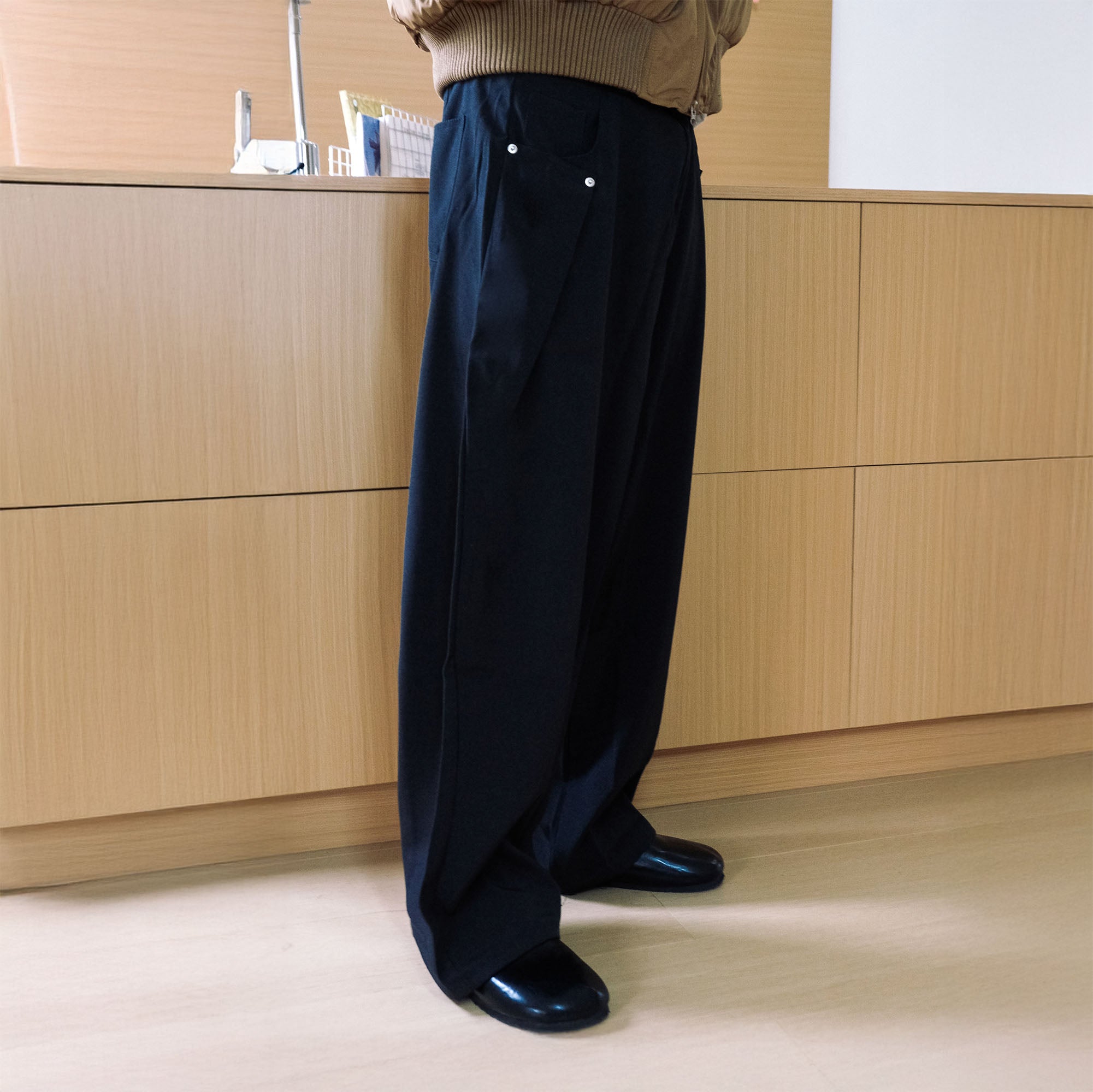 WIID Slanted Pleat Wide-Leg Trousers, premium urban and streetwear designers apparel on PROJECTISR.com, WIID
