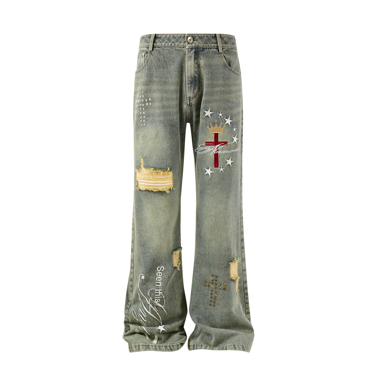 PASET Retro Washed Distressed Embroidered Jeans