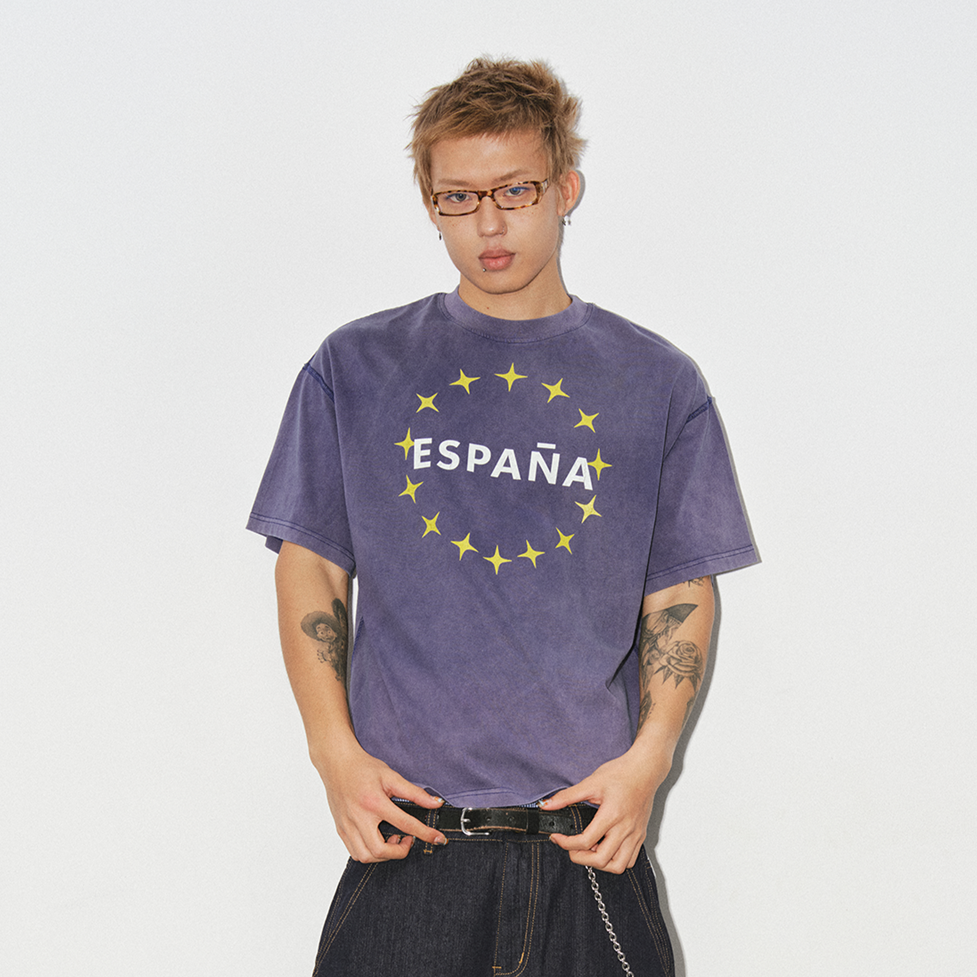 NOVACAM Washed Star Letter Graphic Oversized T-Shirt