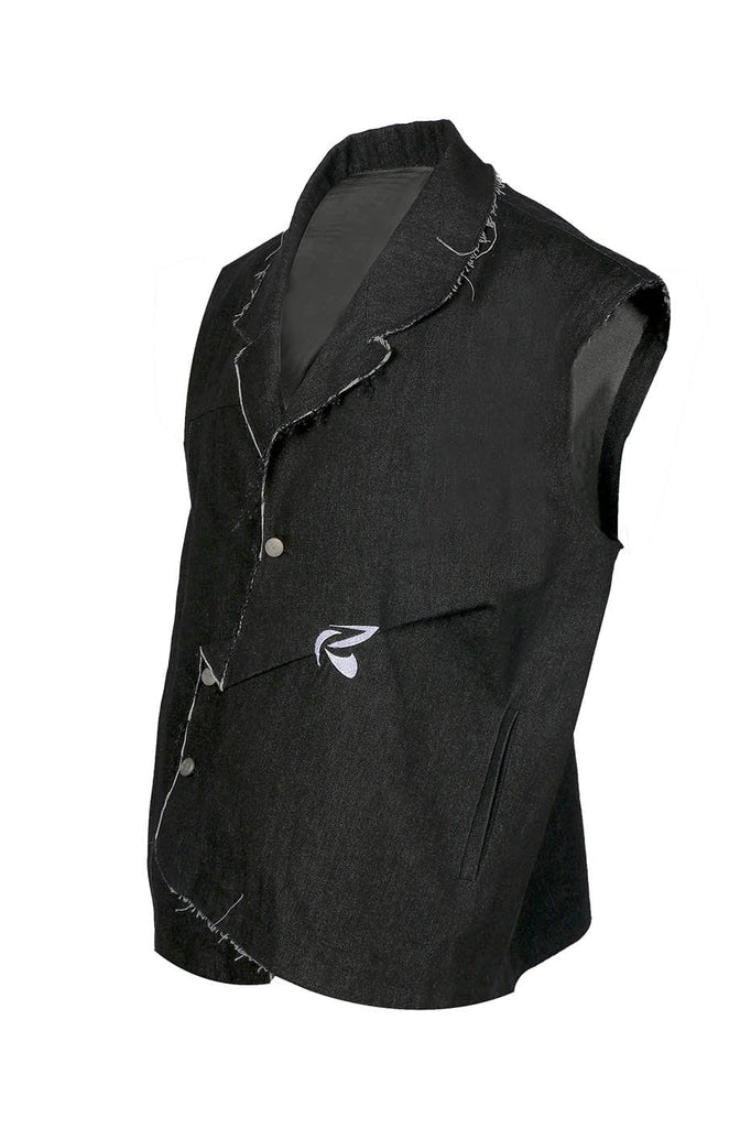RELABEL Asymmetrical Crinkled Raw-Edge Denim Vest, premium urban and streetwear designers apparel on PROJECTISR.com, RELABEL