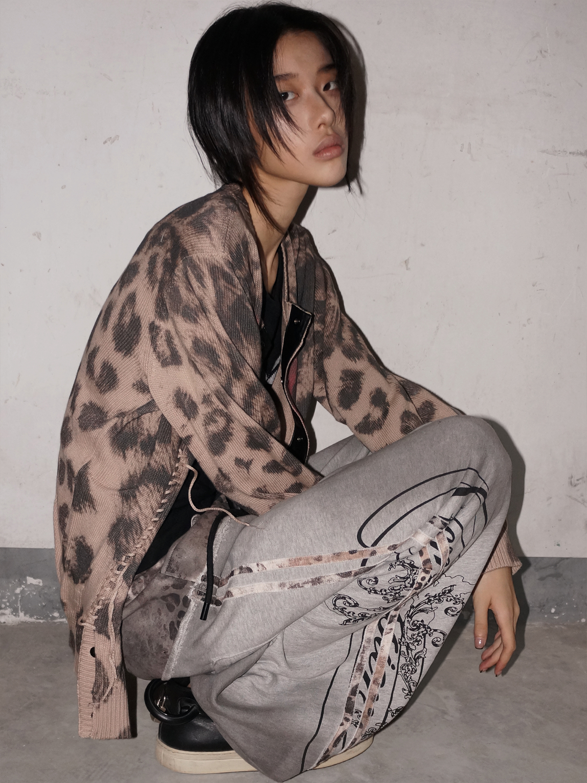 SAXGENWON Leopard Layered Frayed Paint-Splattered Sweatpants