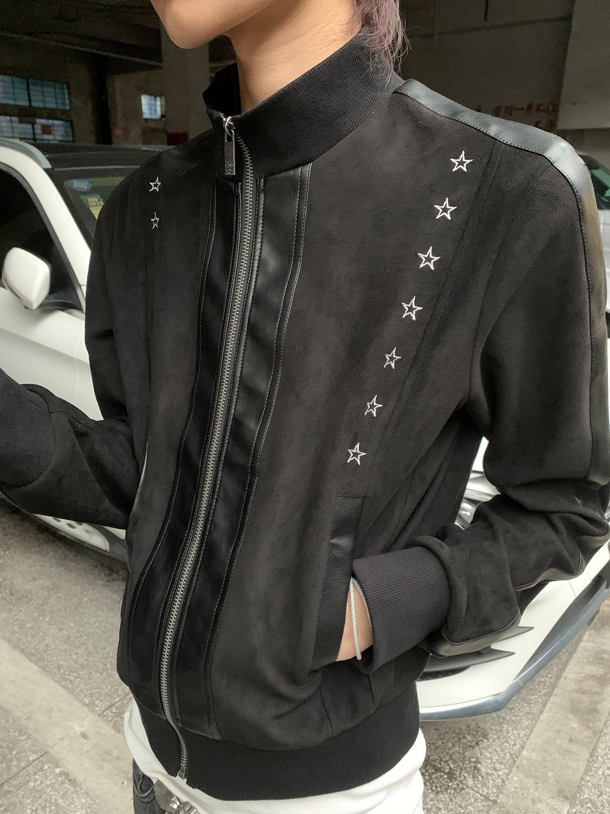SAXGENWON Embroidered Spliced Suede Stand-Collar Jacket