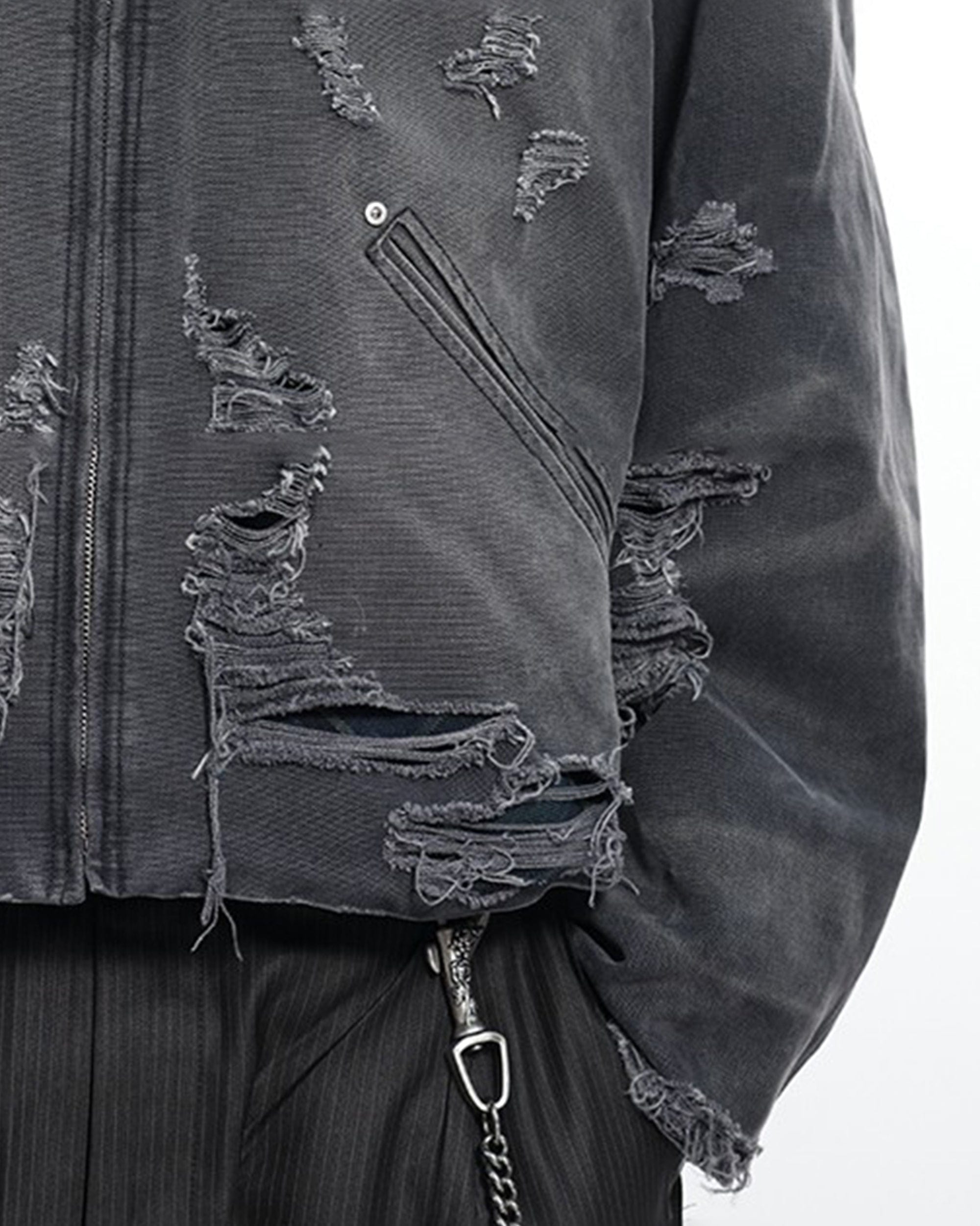 FACEONLAB Raw-Edge Ripped Rivet Metal Emblem Jacket Grey