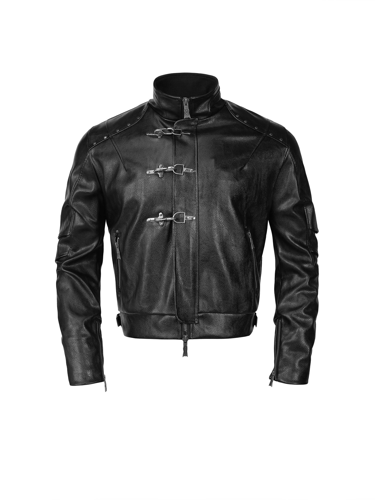 FLYERRER Hook-Buckle Faux Leather Rivet Jacket