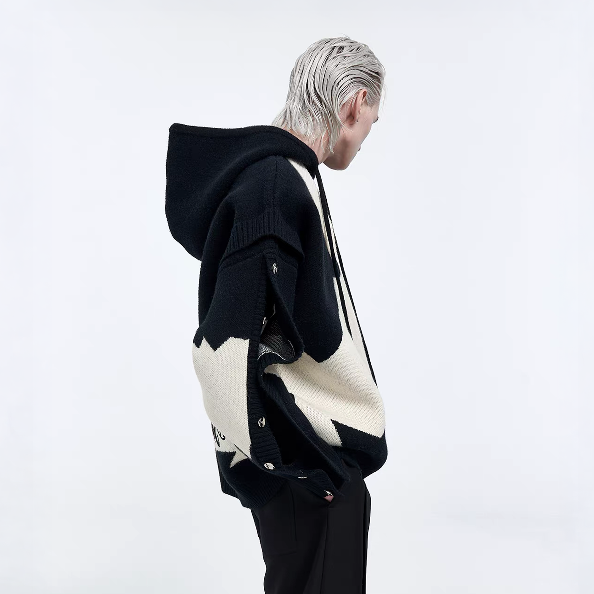 TIWILLTANG Contrast Layered Snap-Sleeves Knit Hoodie, premium urban and streetwear designers apparel on PROJECTISR.com, TIWILLTANG