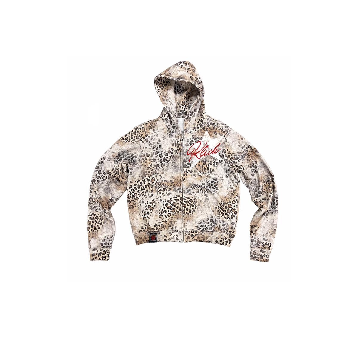 KLICK CLAK Washed Studded Leopard Print Zip-Up Hoodie