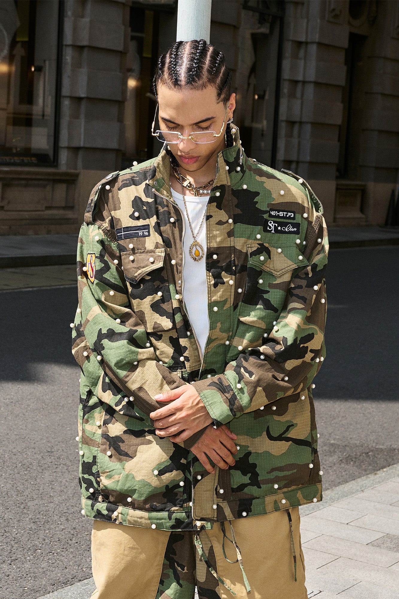 STEEPC Camo Pearl-Studded Patch Utility Jacket