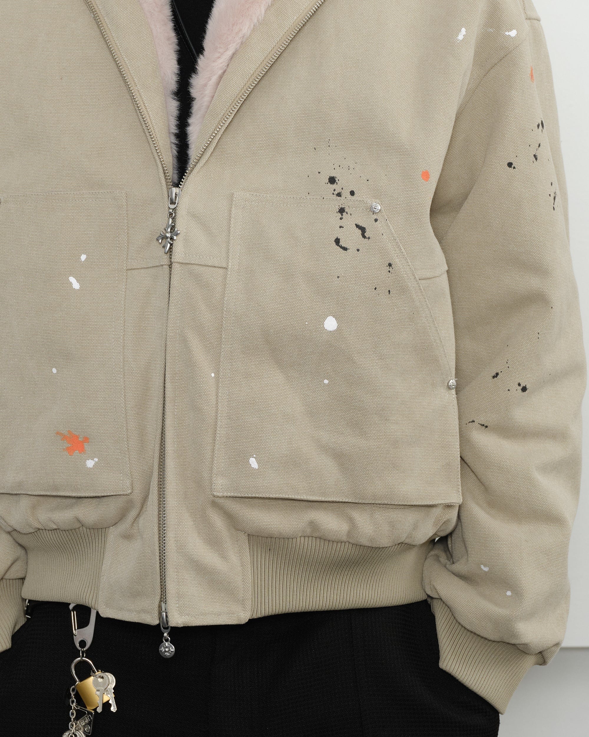 KREATE Rivet Zipper Paint-splattered Fleece-Lined Hooded Jacket, premium urban and streetwear designers apparel on PROJECTISR.com, KREATE