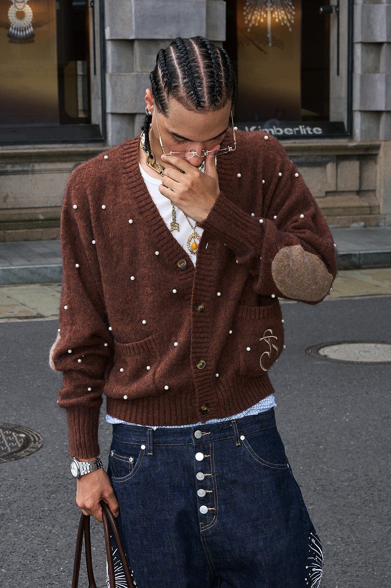 STEEPC Pearl-Studded Contrast Elbow Patch Cardigan