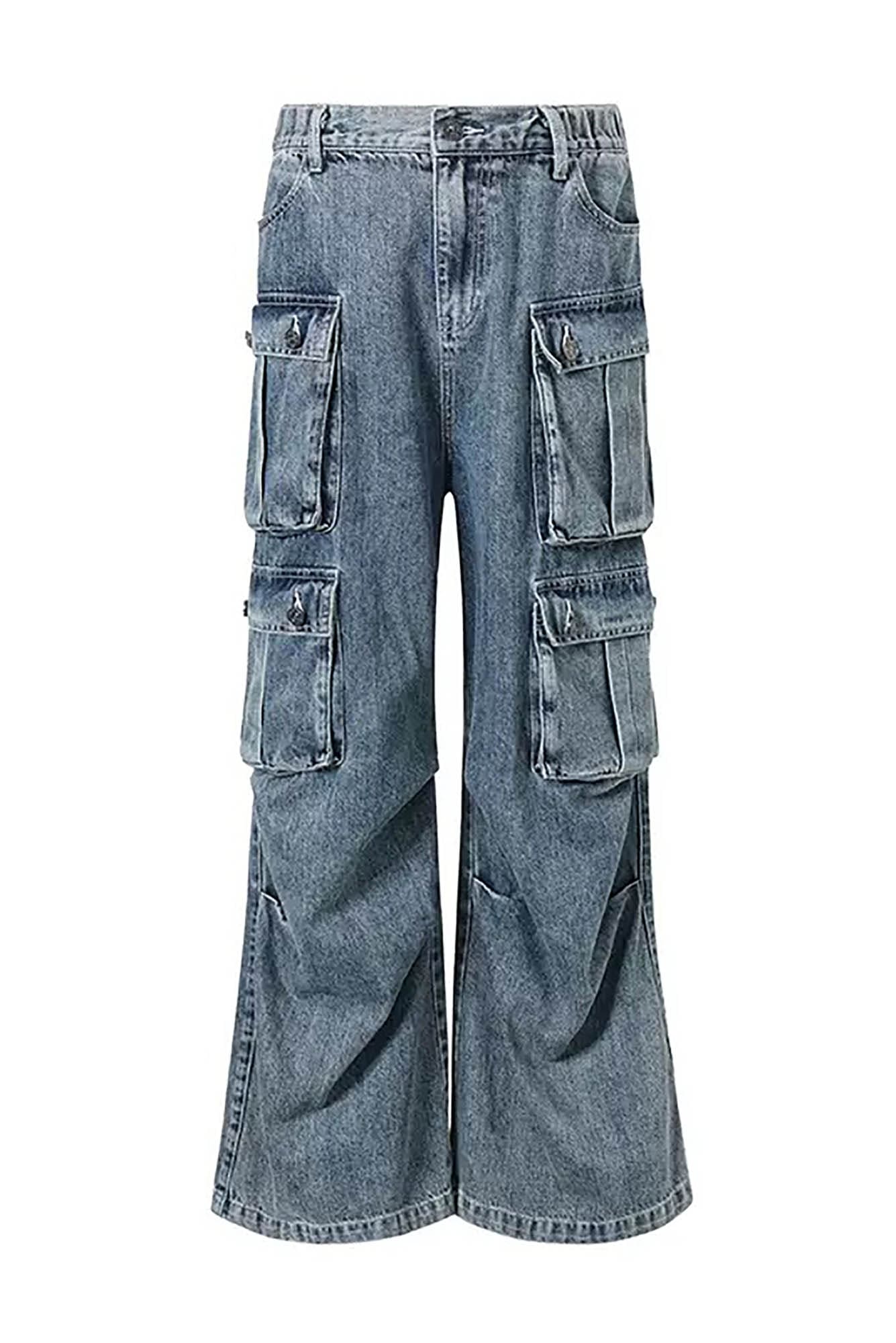 KREATE Multi-Pocket Pleated Denim Cargo Pants