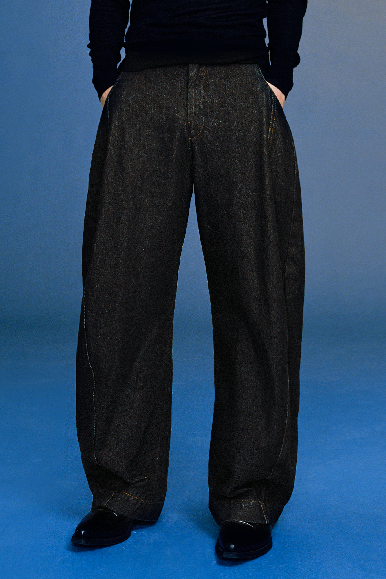 OPICLOTH Curved Panel Oversized Raw Jeans, premium urban and streetwear designers apparel on PROJECTISR.com, OPICLOTH