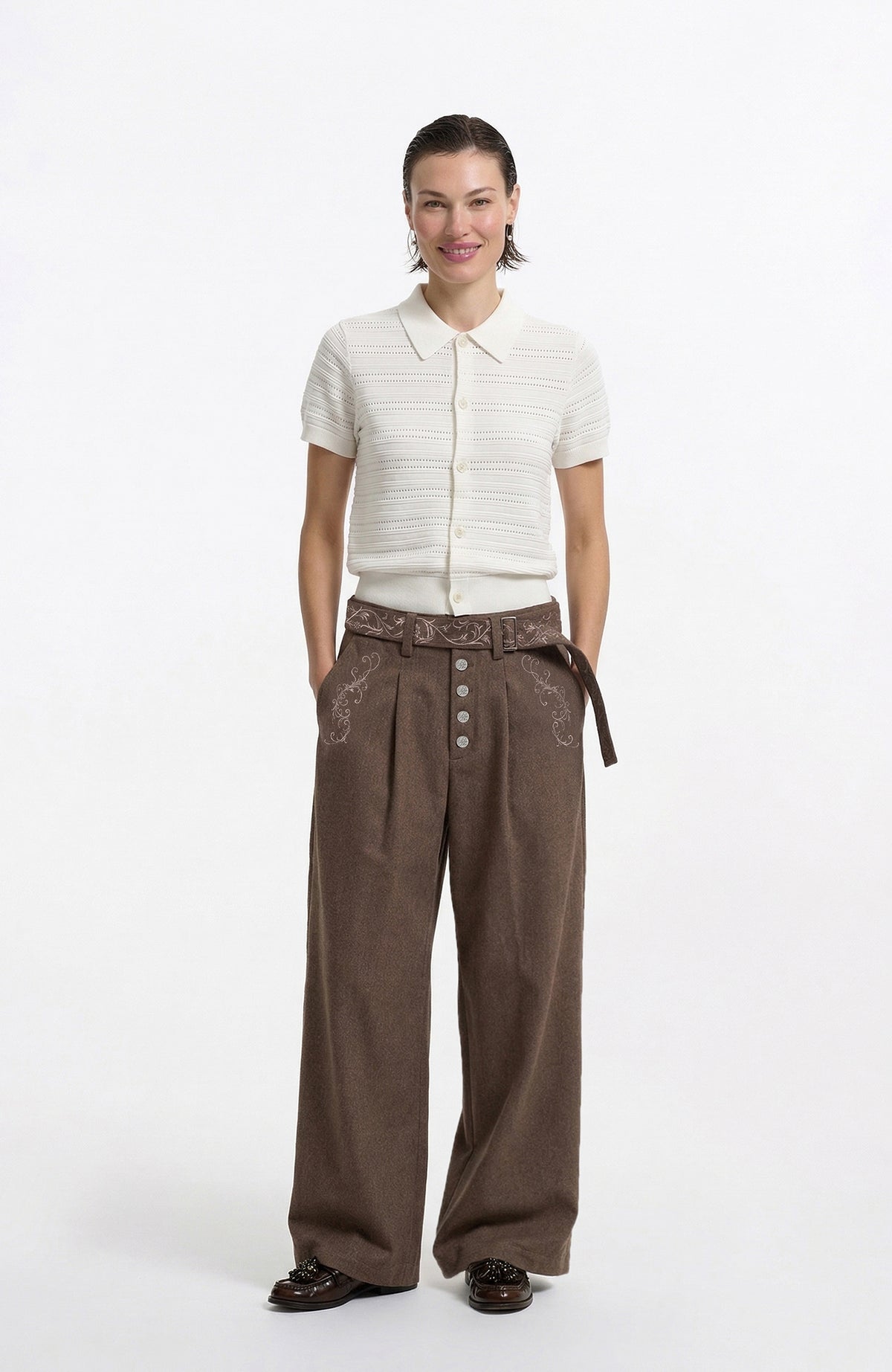 ELETEIZE Vine Embroidered Wide-Leg Trousers