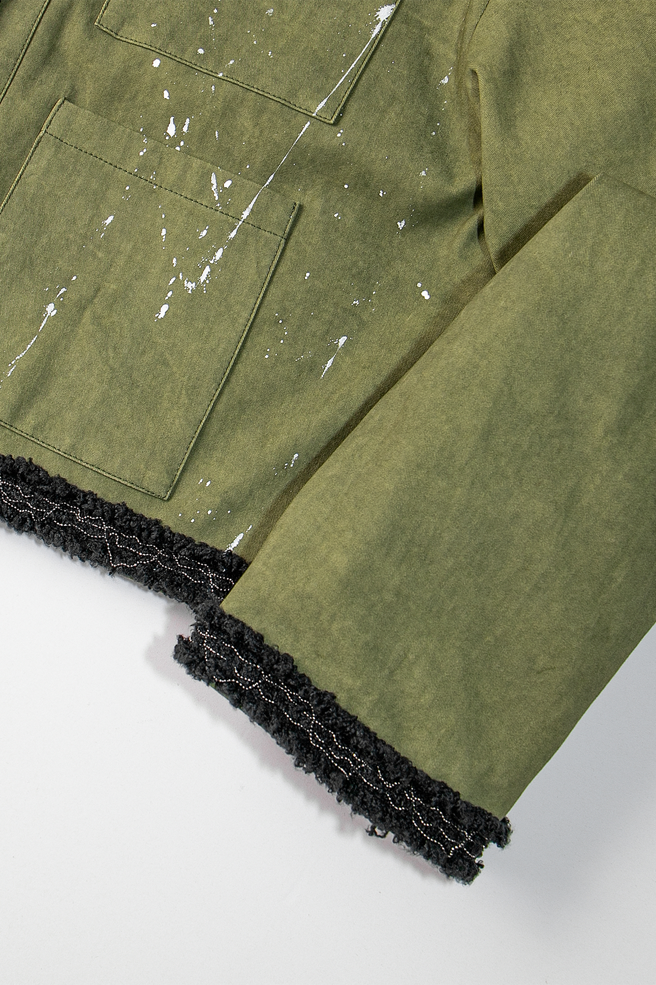 LEONSENSE Paneled Fleece Trim Paint-Splattered Jacket, premium urban and streetwear designers apparel on PROJECTISR.com, LEONSENSE