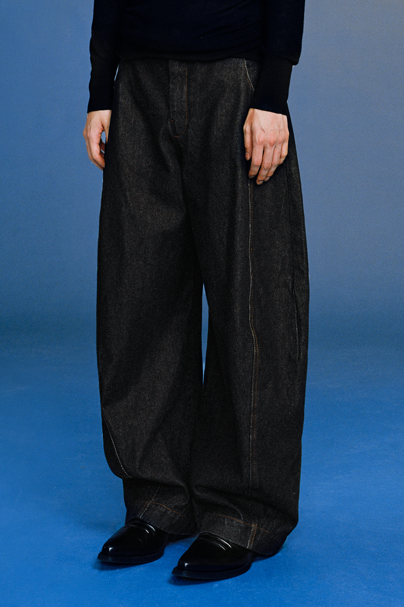 OPICLOTH Curved Panel Oversized Raw Jeans, premium urban and streetwear designers apparel on PROJECTISR.com, OPICLOTH