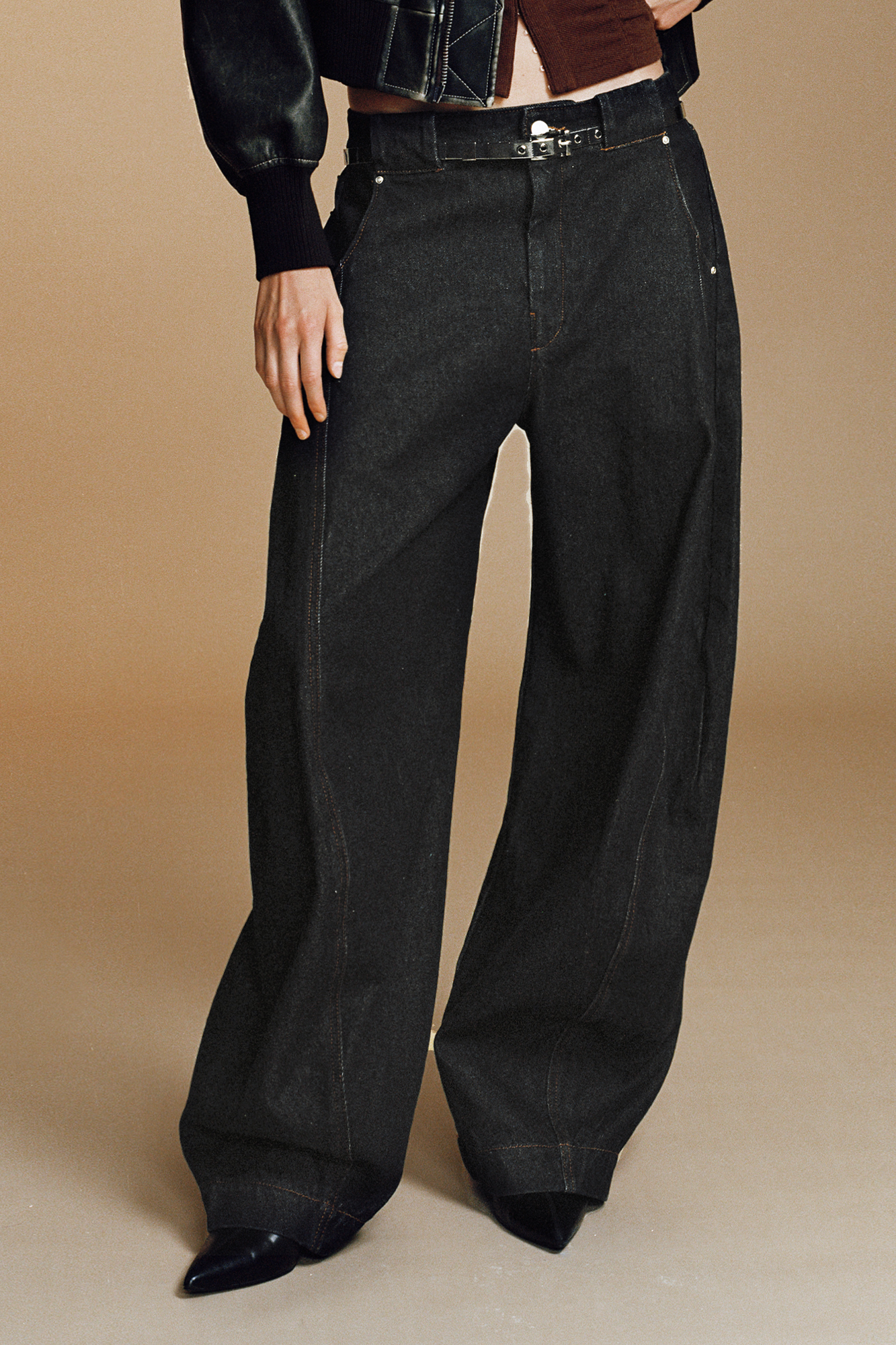 OPICLOTH Curved Panel Oversized Raw Jeans, premium urban and streetwear designers apparel on PROJECTISR.com, OPICLOTH