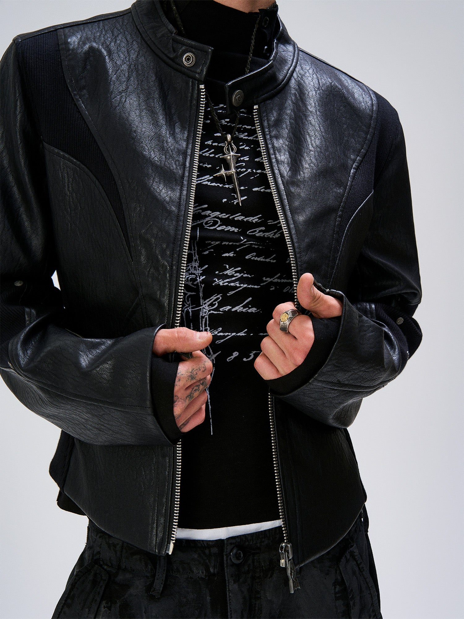 FLYERRER Structured Panel Faux Leather Biker Jacket, premium urban and streetwear designers apparel on PROJECTISR.com, FLYERRER