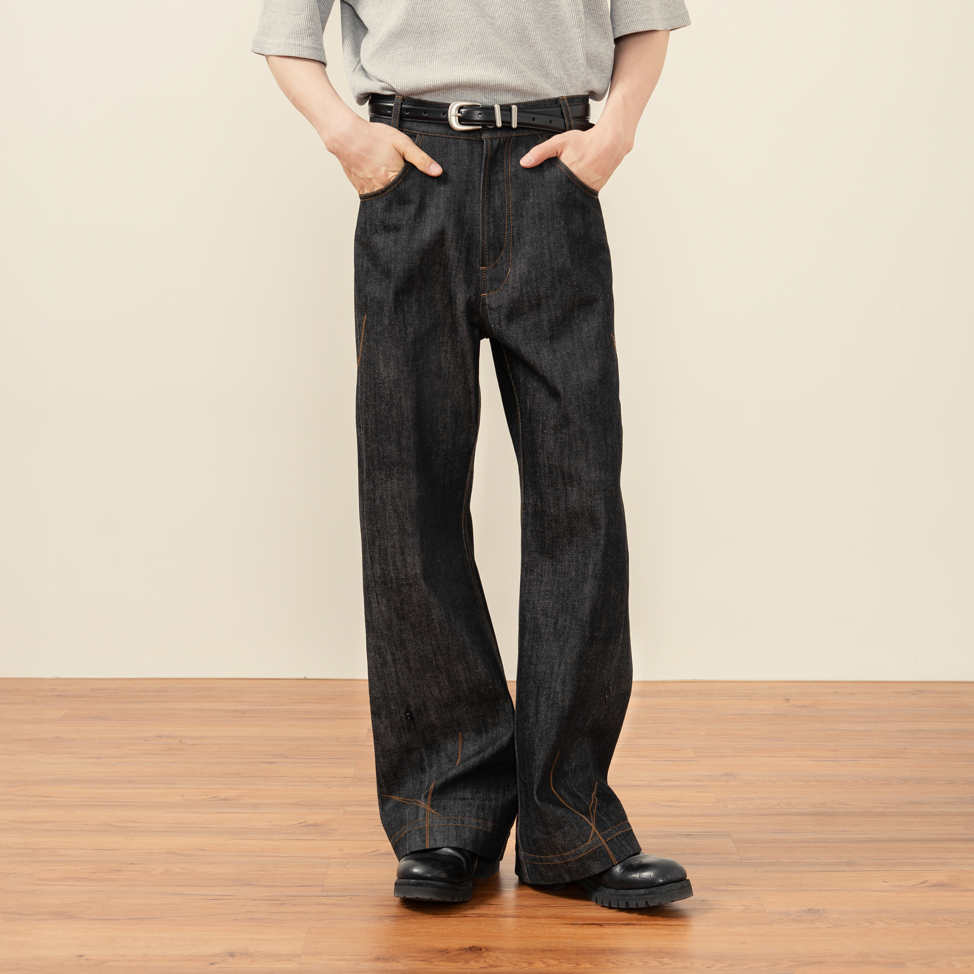 MOITIEDEPETALE Plaid-Inset Wide-Leg Selvedge Jeans