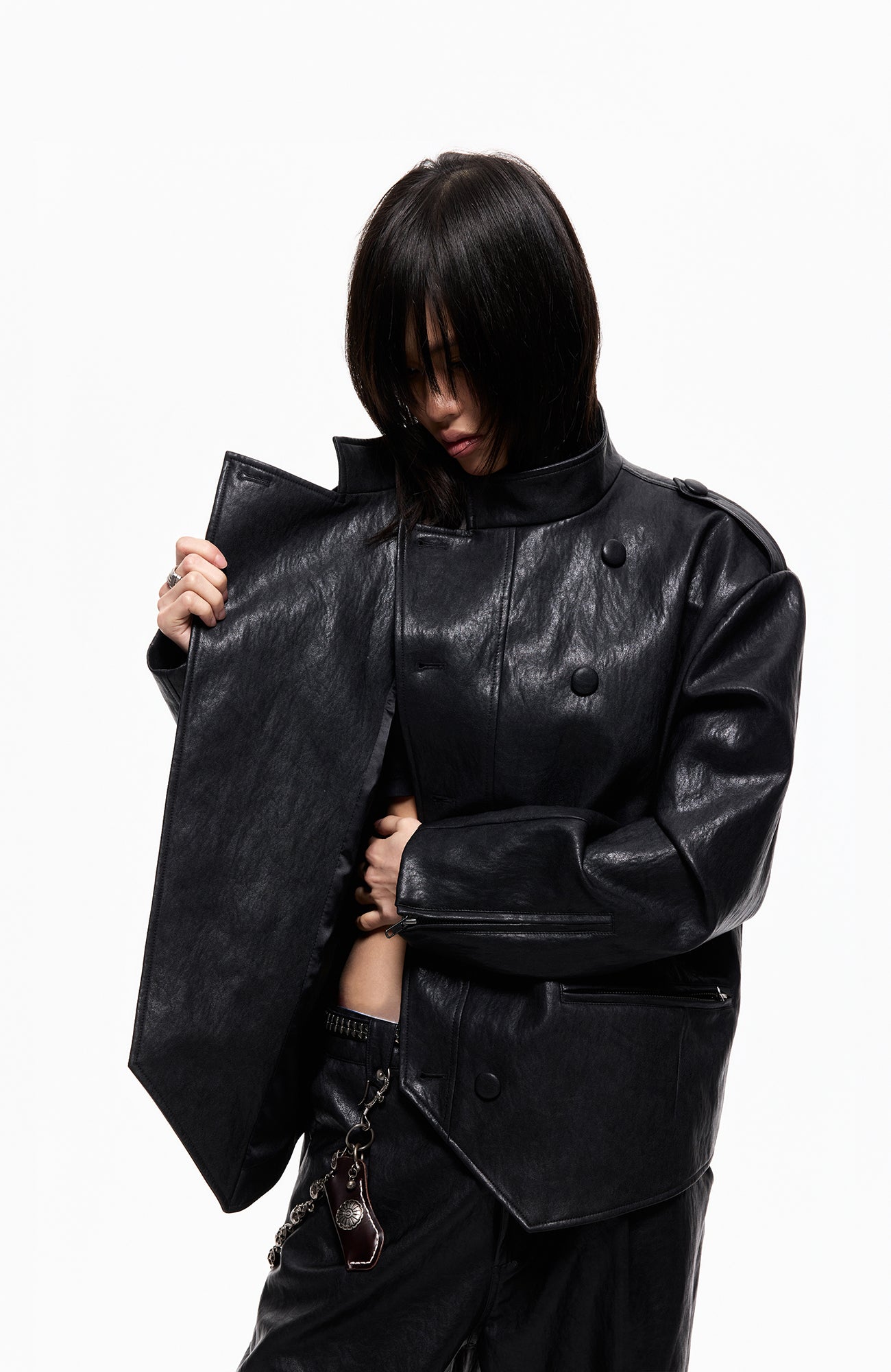 2000RSK Napoleon-Button Faux Leather Knight Jacket