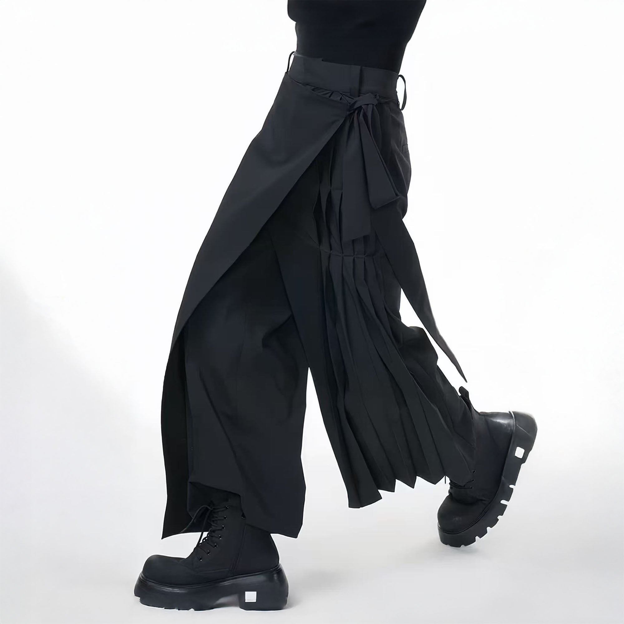 TUIMU Asymmetrical Wrap Pleated Wide-Leg Trousers, premium urban and streetwear designers apparel on PROJECTISR.com, TUIMU