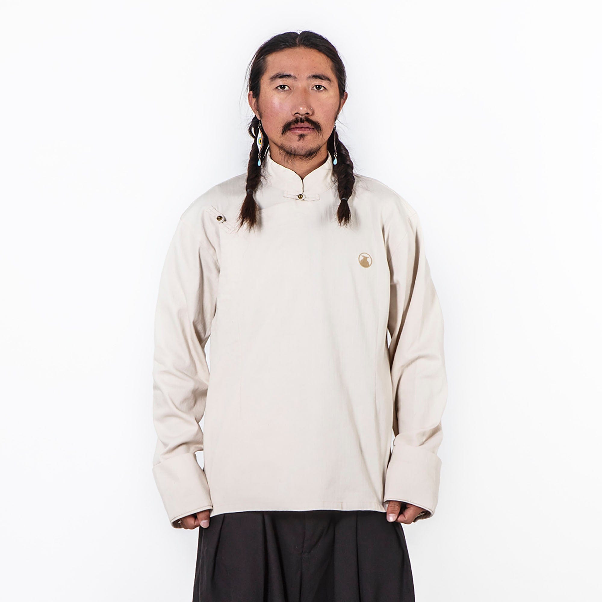 NERHI Asymmetrical Frog Button Mandarin Collar Shirt, premium urban and streetwear designers apparel on PROJECTISR.com, NERHI