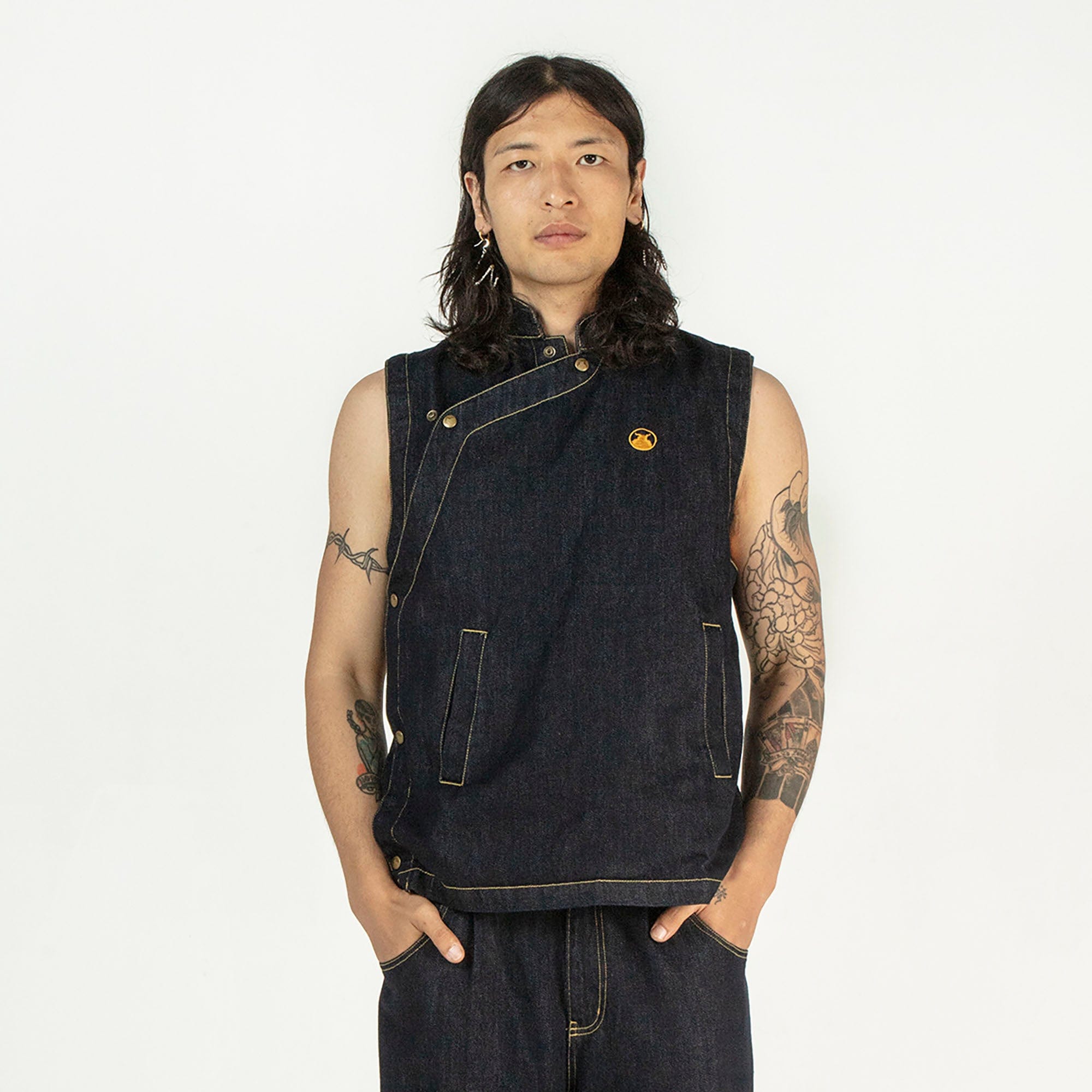 NERHI Asymmetrical Snap Raw Denim Vest, premium urban and streetwear designers apparel on PROJECTISR.com, NERHI