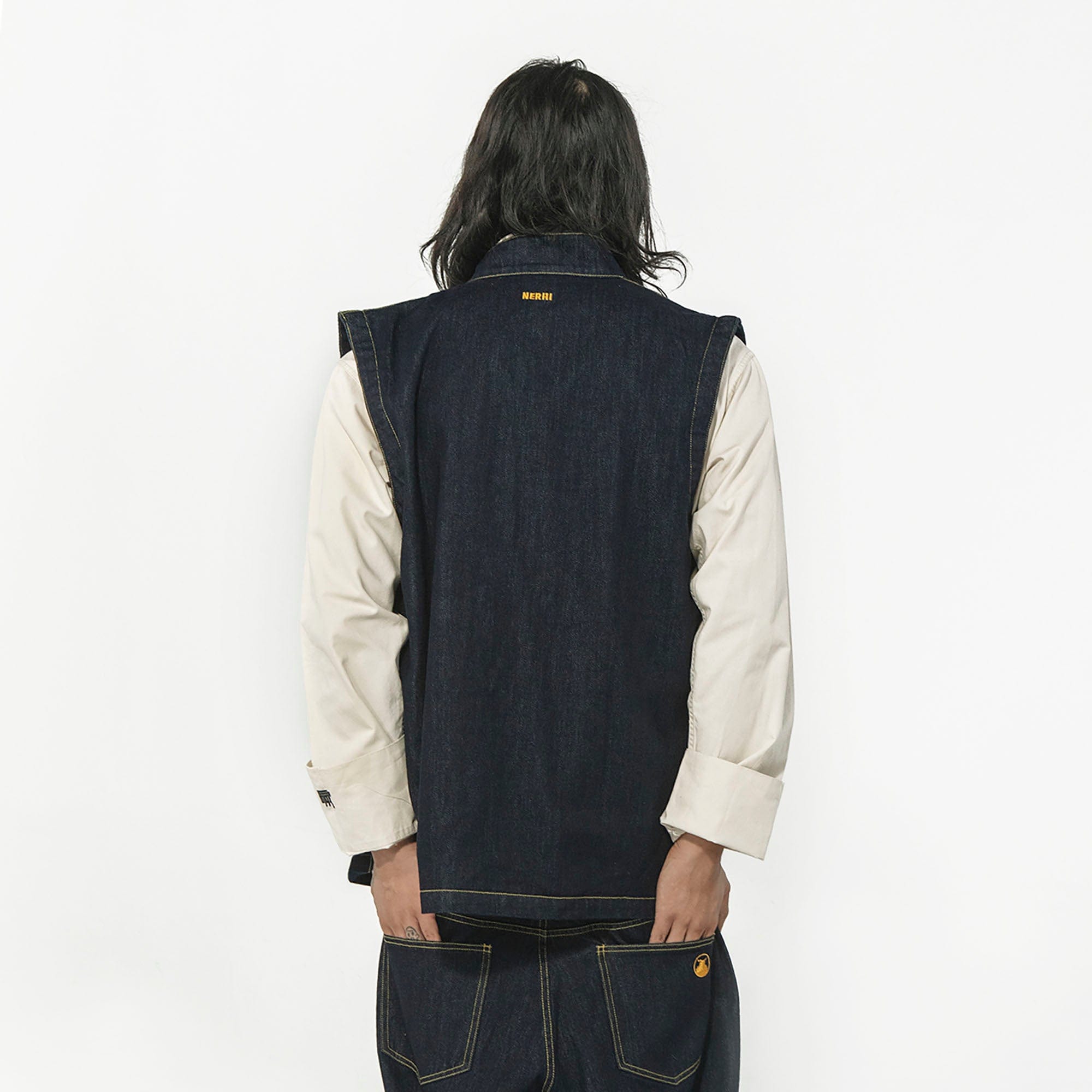 NERHI Asymmetrical Snap Raw Denim Vest, premium urban and streetwear designers apparel on PROJECTISR.com, NERHI