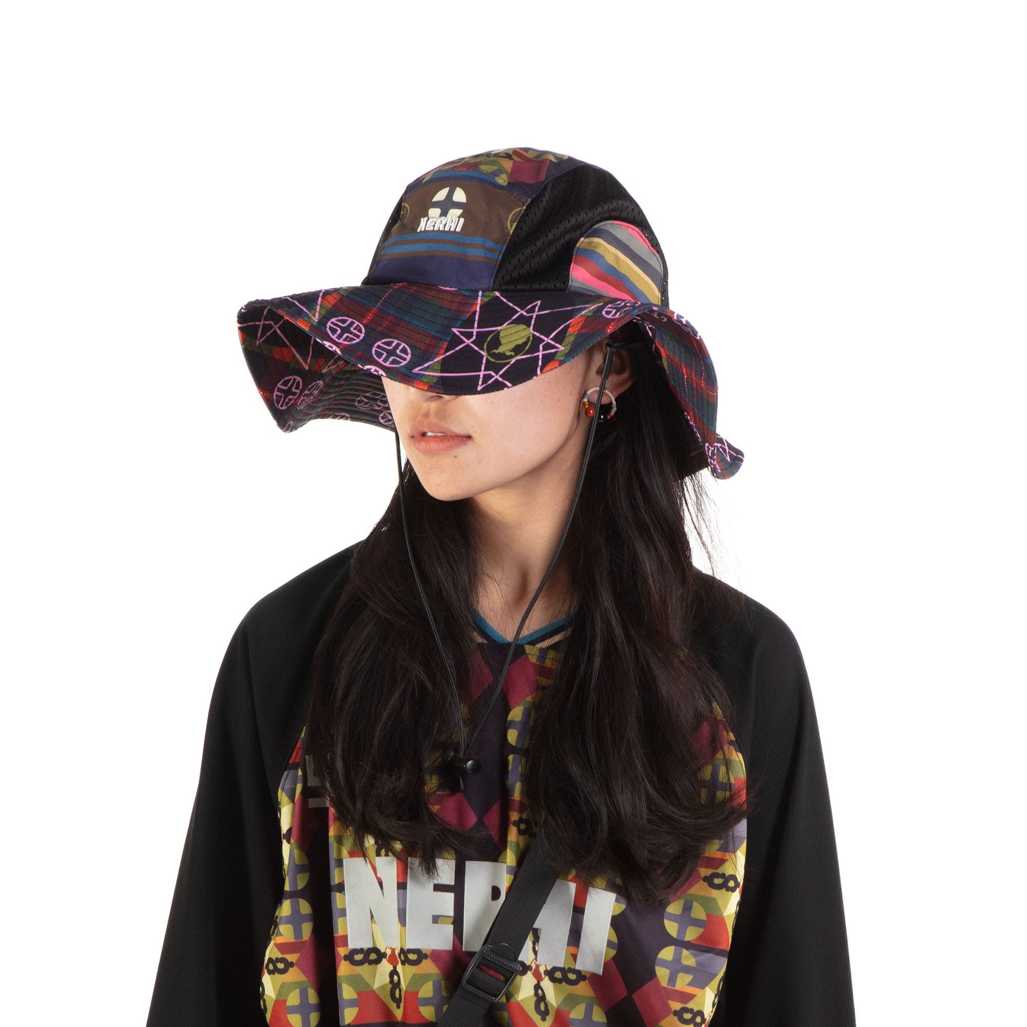 NERHI Mesh-Paneled Tribal Graphic Bucket Hat, premium urban and streetwear designers apparel on PROJECTISR.com, NERHI
