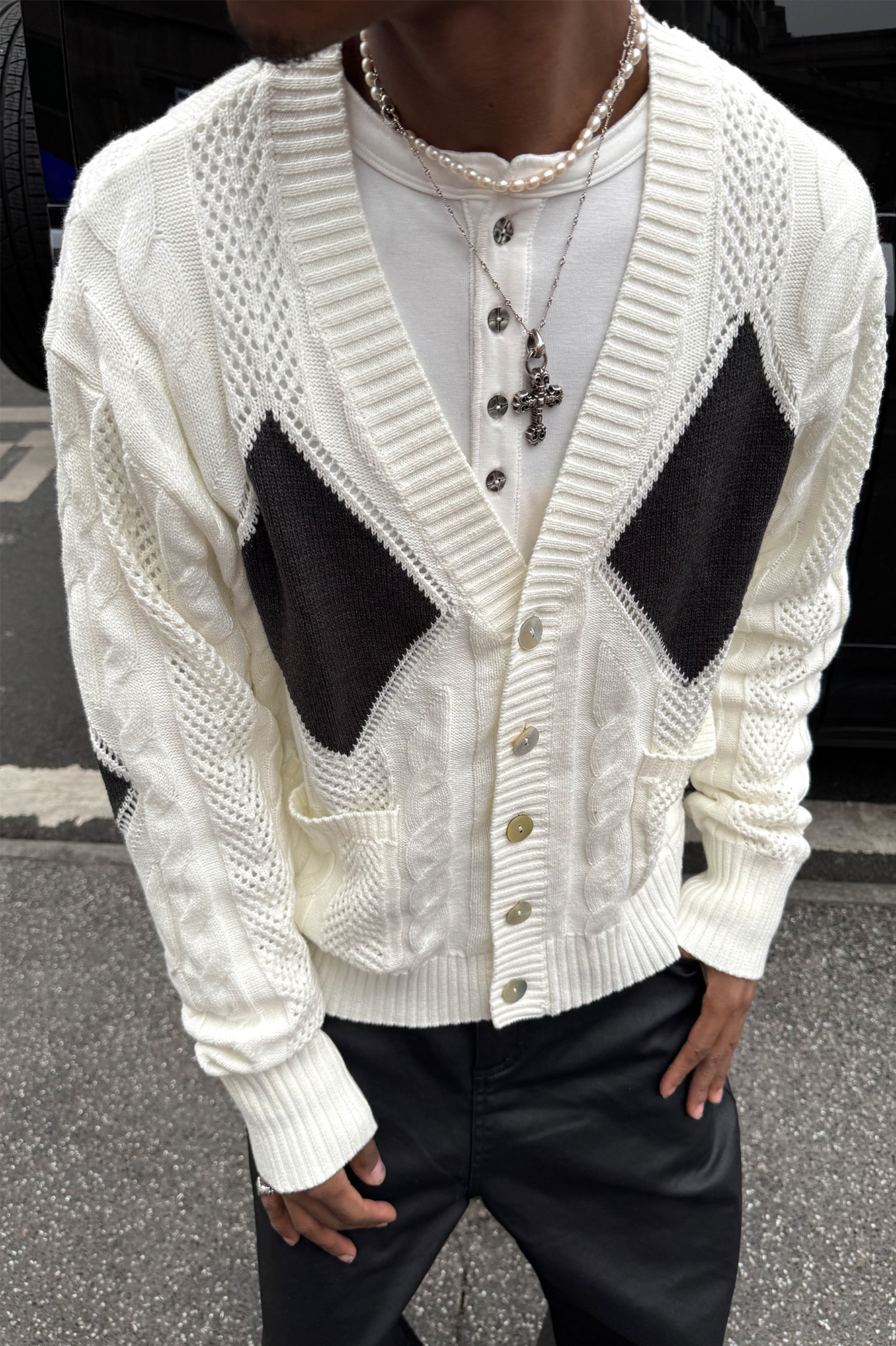 STEEPC Retro Cable-Knit Argyle V-Neck Cardigan, premium urban and streetwear designers apparel on PROJECTISR.com, STEEPC