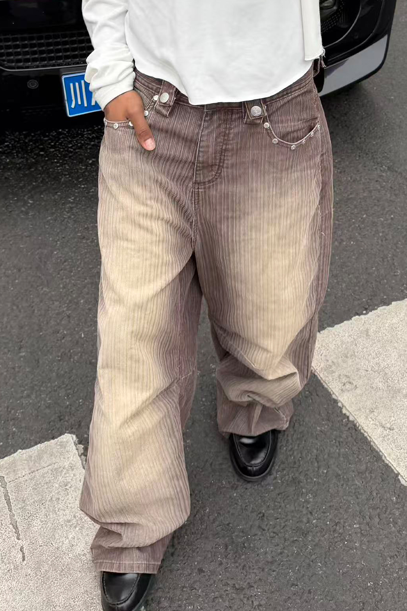 STEEPC Washed Striped Corduroy Studded Wide-Leg Pants, premium urban and streetwear designers apparel on PROJECTISR.com, STEEPC