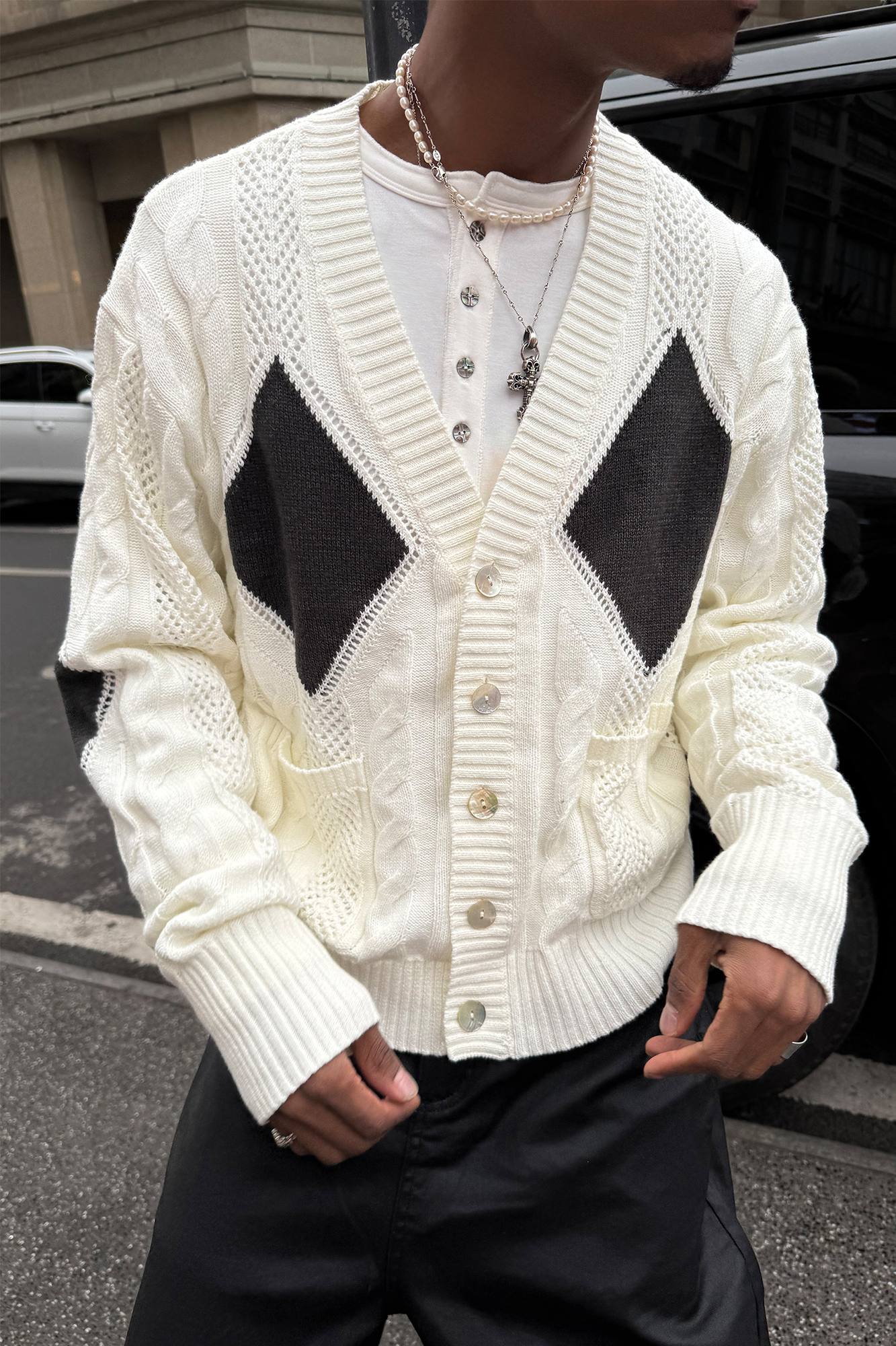 STEEPC Retro Cable-Knit Argyle V-Neck Cardigan