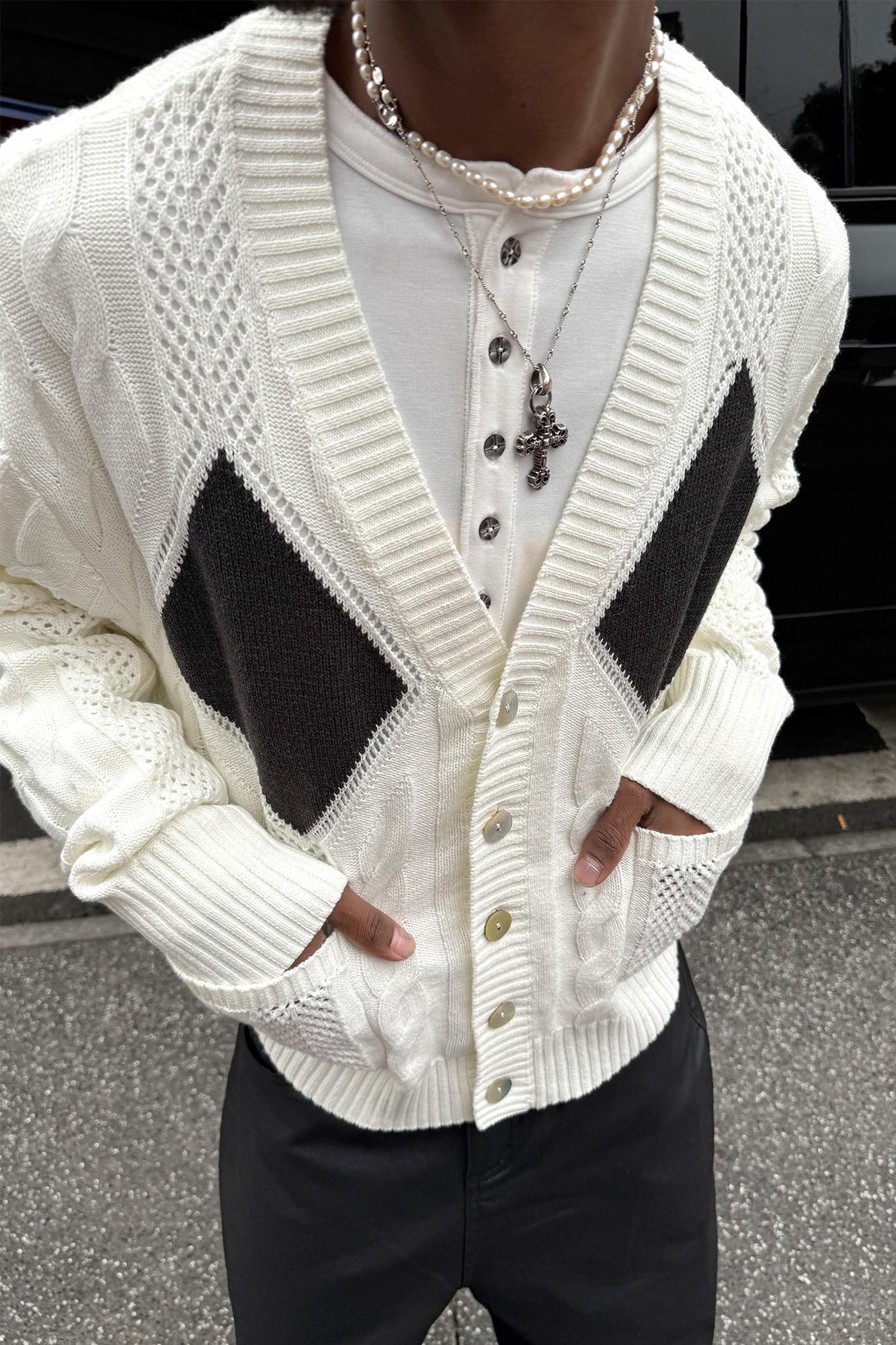 STEEPC Retro Cable-Knit Argyle V-Neck Cardigan