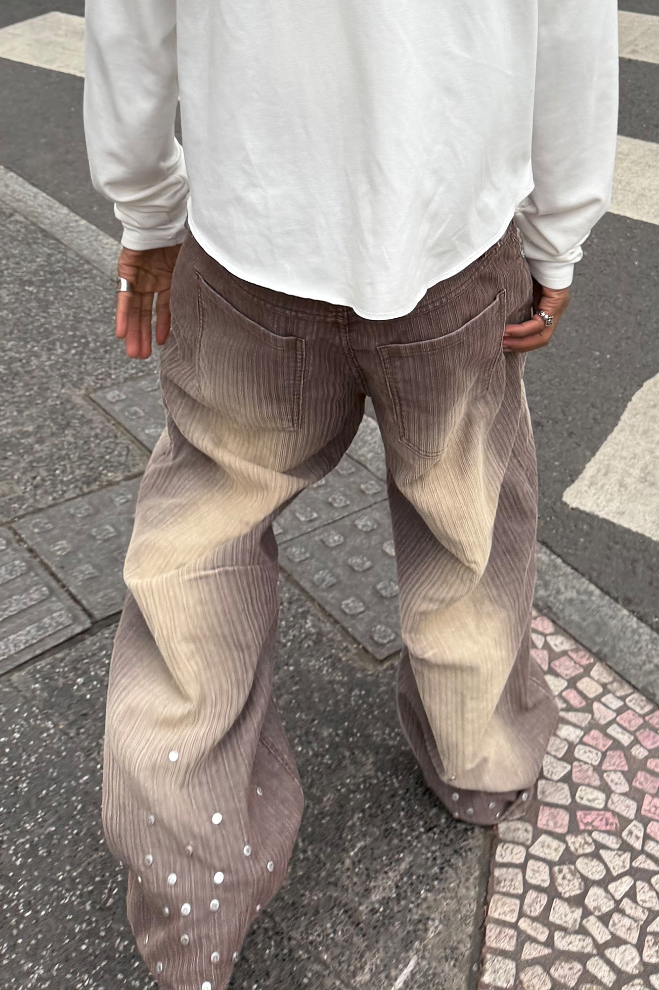 STEEPC Washed Striped Corduroy Studded Wide-Leg Pants, premium urban and streetwear designers apparel on PROJECTISR.com, STEEPC
