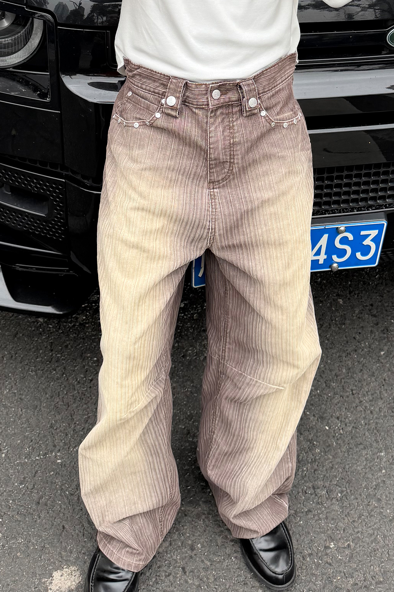 STEEPC Washed Striped Corduroy Studded Wide-Leg Pants, premium urban and streetwear designers apparel on PROJECTISR.com, STEEPC