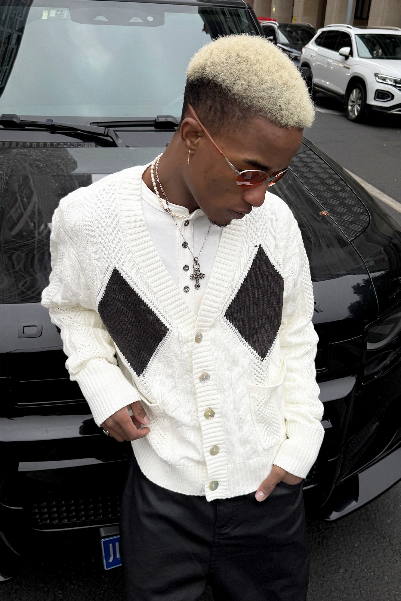 STEEPC Retro Cable-Knit Argyle V-Neck Cardigan