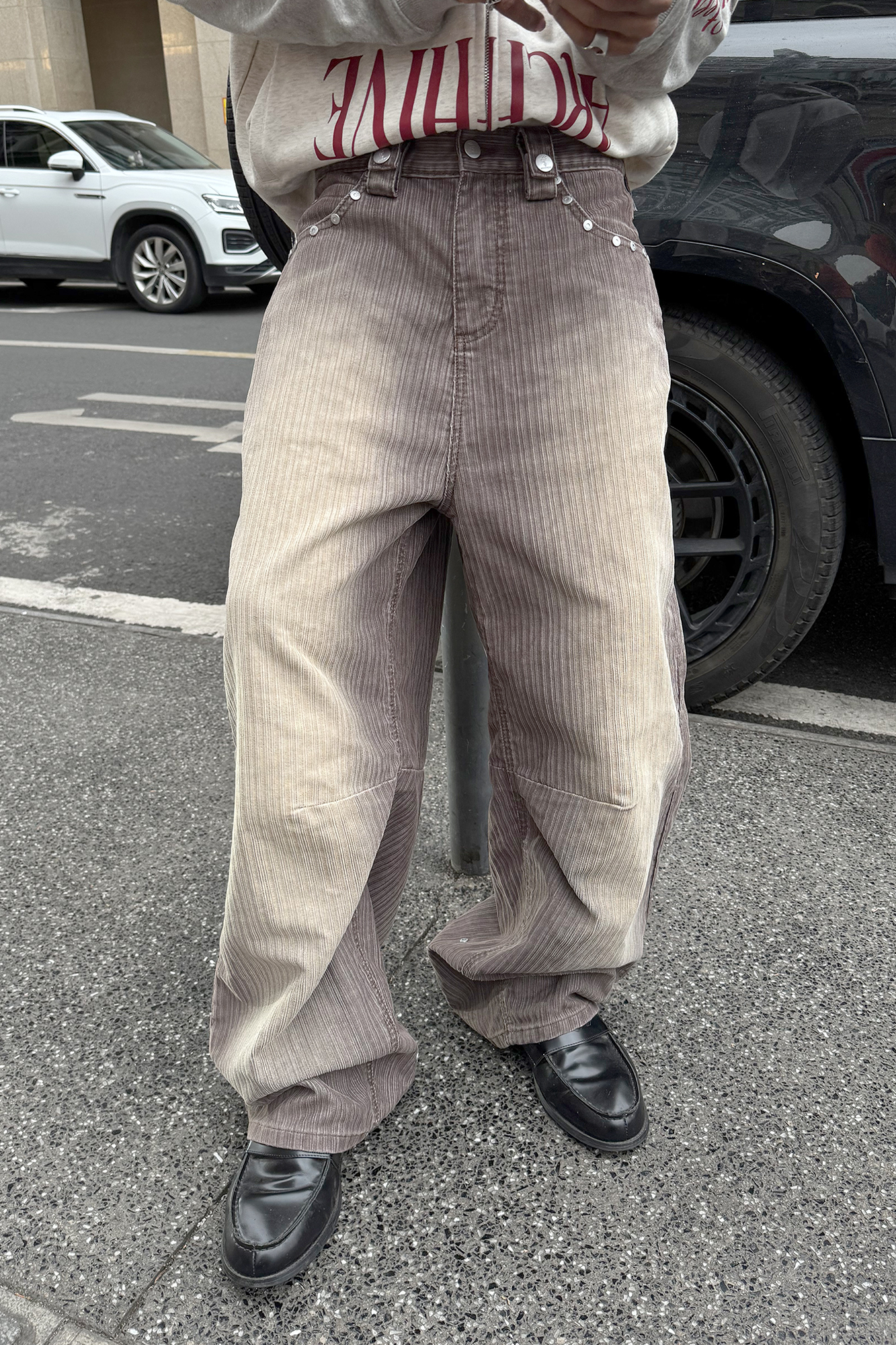 STEEPC Washed Striped Corduroy Studded Wide-Leg Pants, premium urban and streetwear designers apparel on PROJECTISR.com, STEEPC