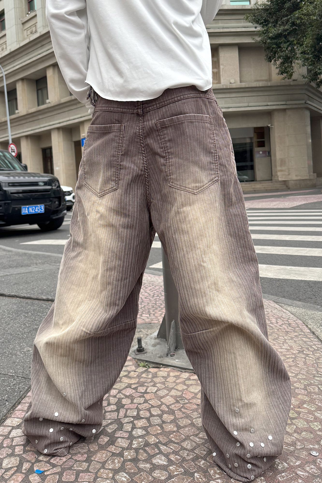 STEEPC Washed Striped Corduroy Studded Wide-Leg Pants, premium urban and streetwear designers apparel on PROJECTISR.com, STEEPC