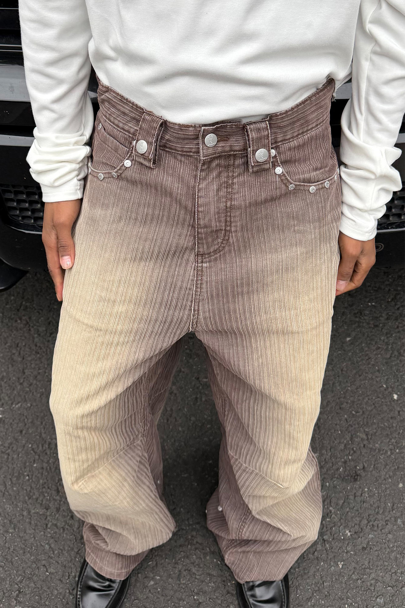 STEEPC Washed Striped Corduroy Studded Wide-Leg Pants, premium urban and streetwear designers apparel on PROJECTISR.com, STEEPC