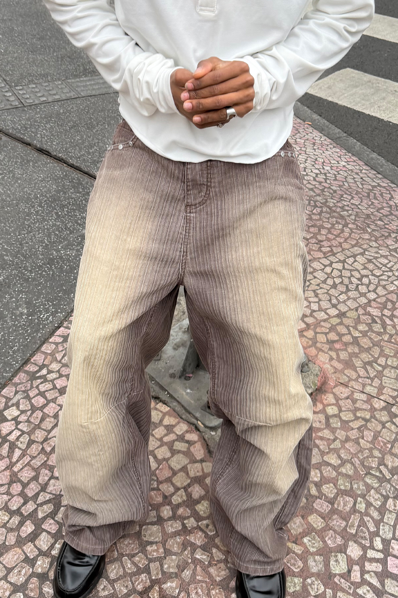 STEEPC Washed Striped Corduroy Studded Wide-Leg Pants, premium urban and streetwear designers apparel on PROJECTISR.com, STEEPC