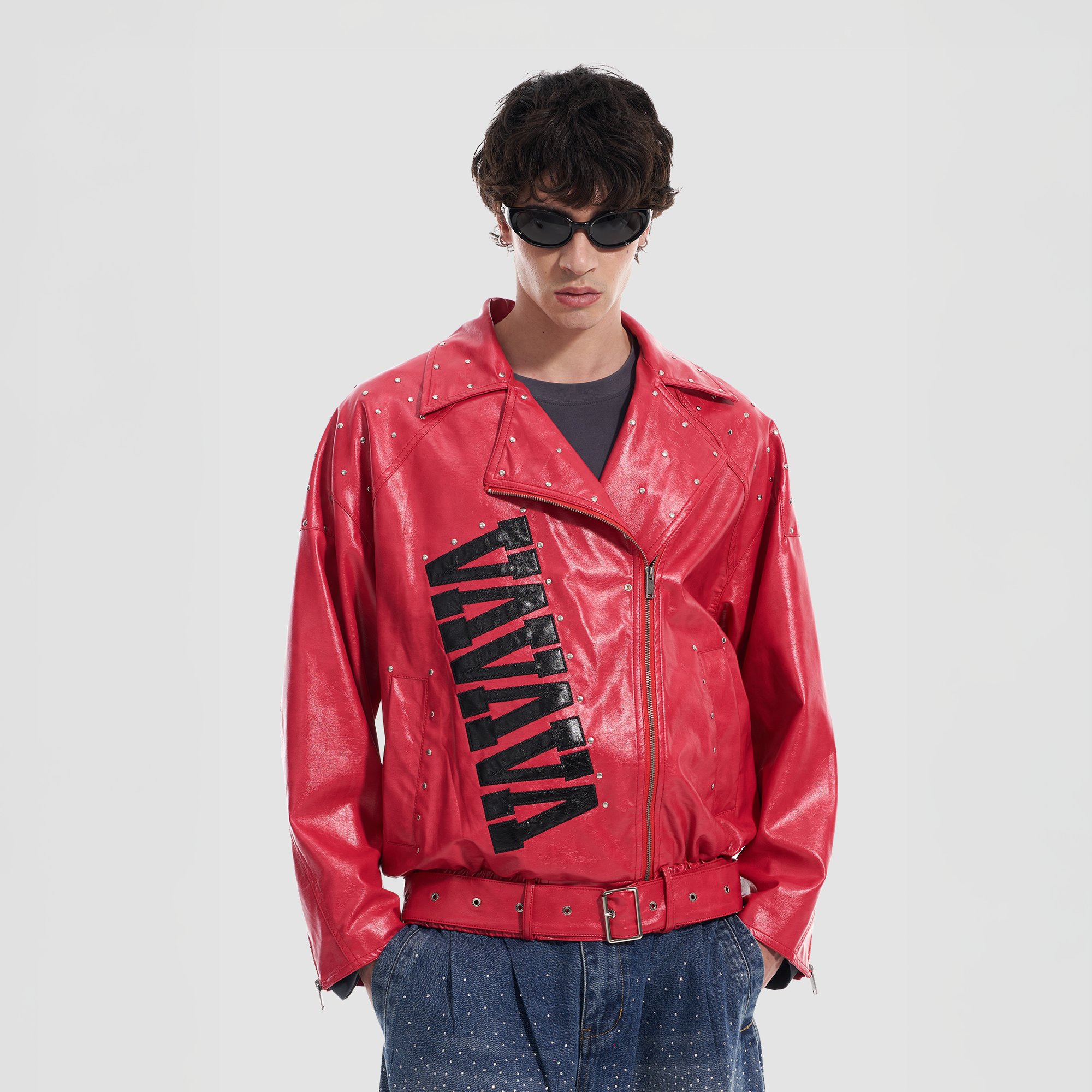 VANN VALRENCE Studded LOGO Faux Leather Biker Jacket