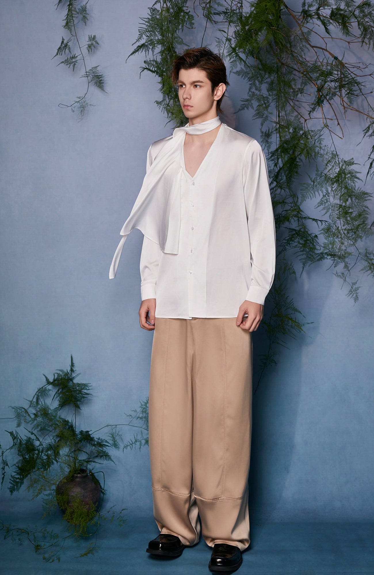 JIECHI Draped Satin Scarf-Collar Shirt, premium urban and streetwear designers apparel on PROJECTISR.com, JIECHI