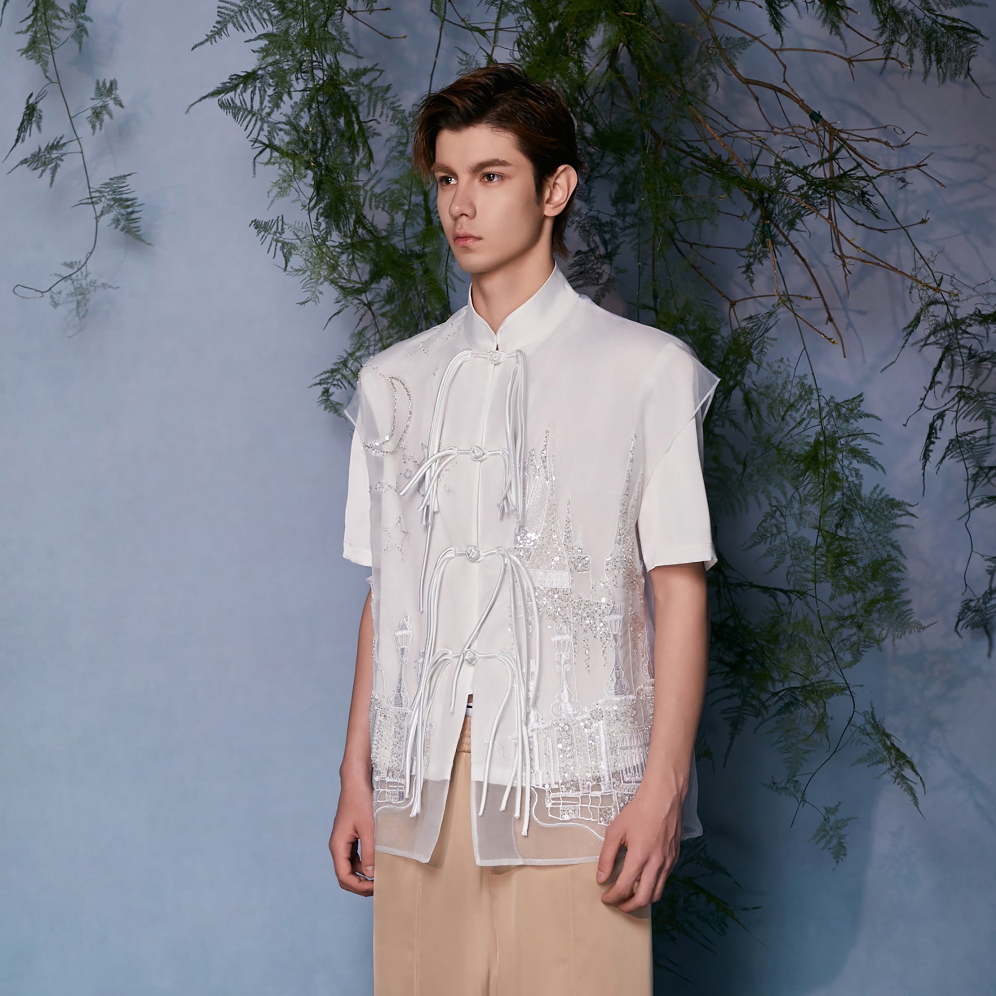 JIECHI Mandarin Embroidered Mesh Panel Half Shirt